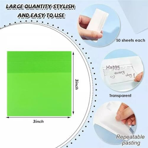OFIXO Transparent Self-Sticky Note Pads, Clear Notes 76mm X 76mm Transparent Self Adhesive Removable Perfect for Studying and Writing, Sheet 200 Pcs (Green)