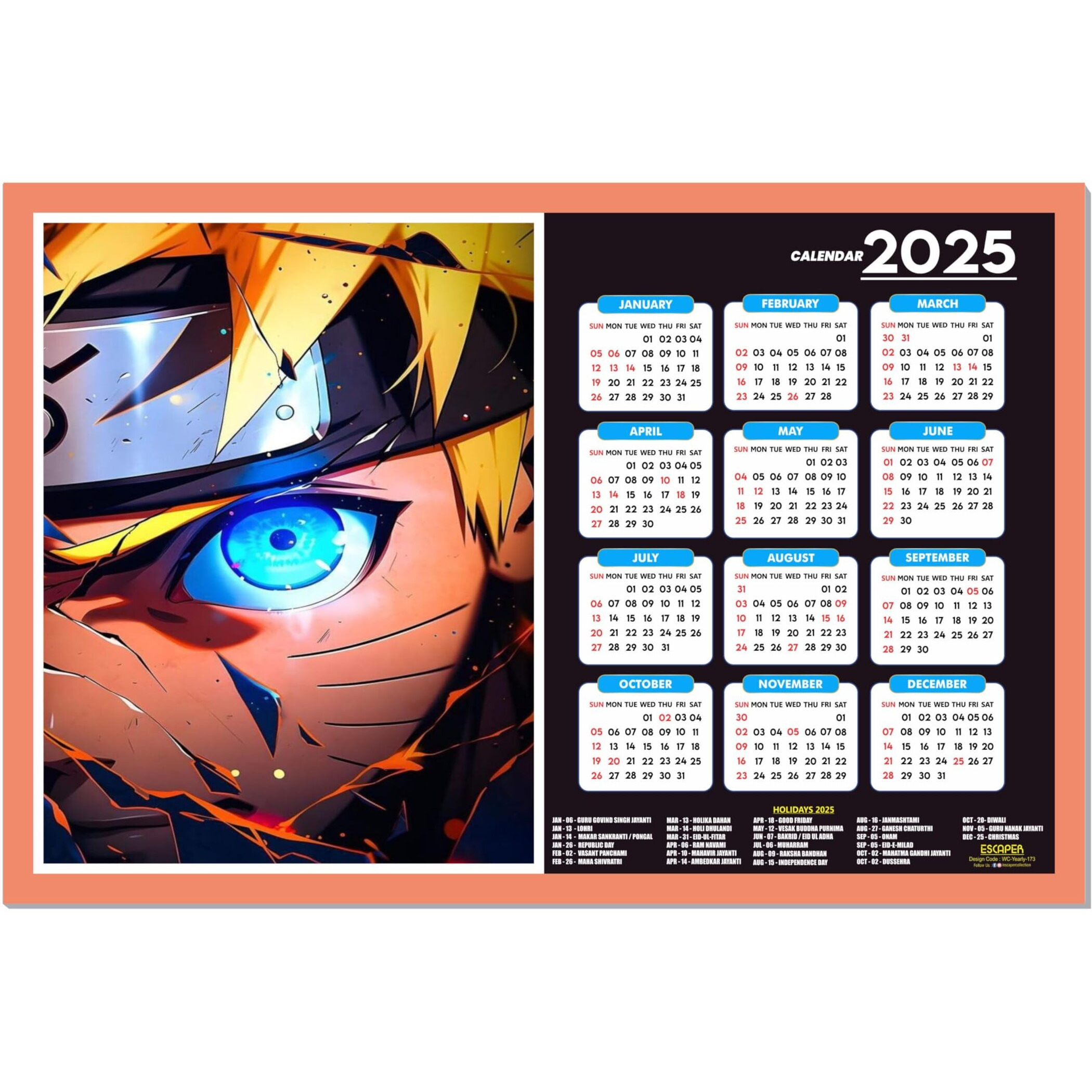 ESCAPER Anime Wall Calendar 2025 hanging (45 x 30 cm), Anime Wall Calendar 2025, One Piece Anime Wall Calendar 2025, Anime Gifts, Anime Wall Dcor, New Year Calendar 2025