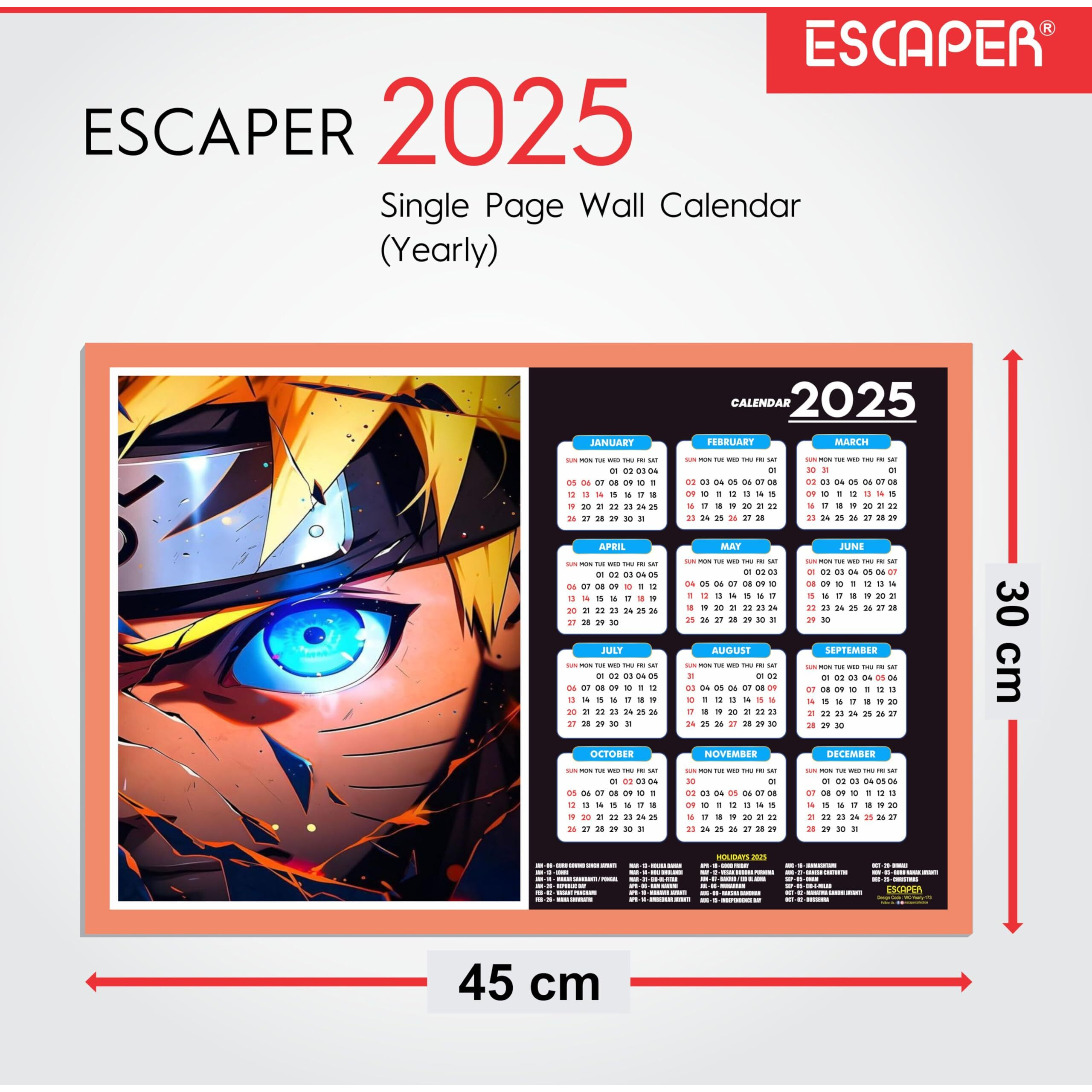 ESCAPER Anime Wall Calendar 2025 hanging (45 x 30 cm), Anime Wall Calendar 2025, One Piece Anime Wall Calendar 2025, Anime Gifts, Anime Wall Dcor, New Year Calendar 2025