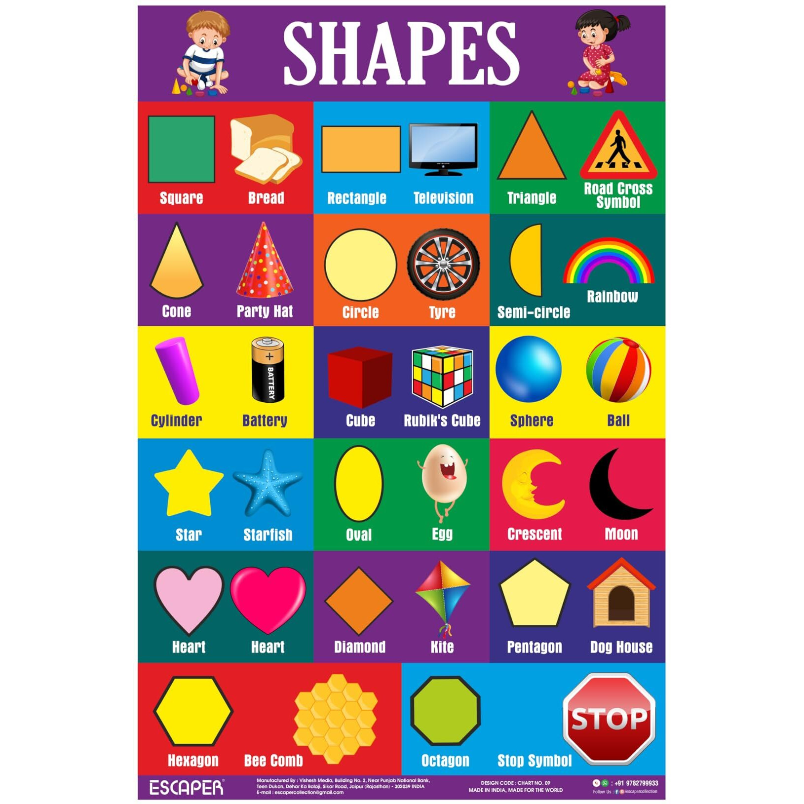 ESCAPER Shapes Chart for Kids learning (11.5 x 17.5 inches), kids chart for 2 to 5 years, Wall Chart Shapes for kids, Educational Charts for Kids Room