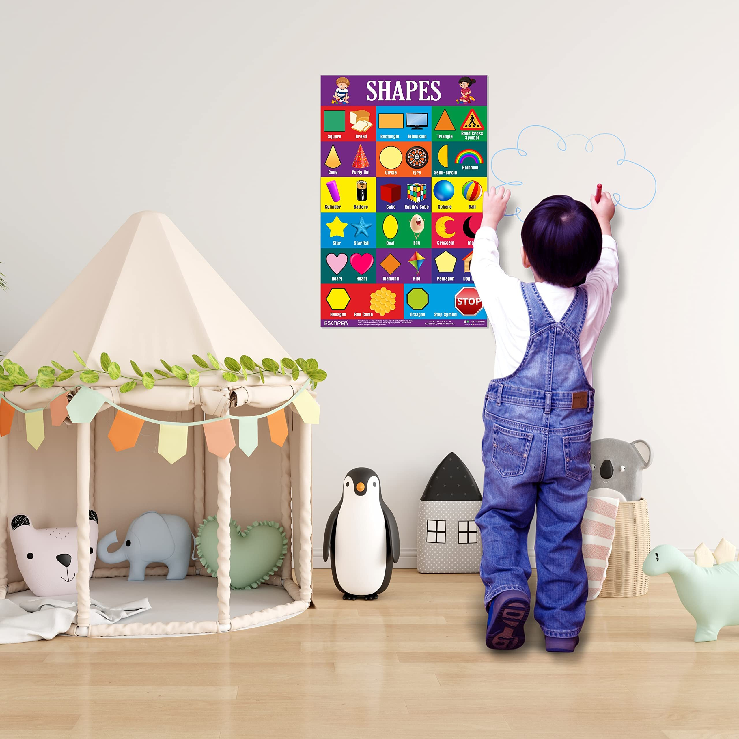 ESCAPER Shapes Chart for Kids learning (11.5 x 17.5 inches), kids chart for 2 to 5 years, Wall Chart Shapes for kids, Educational Charts for Kids Room