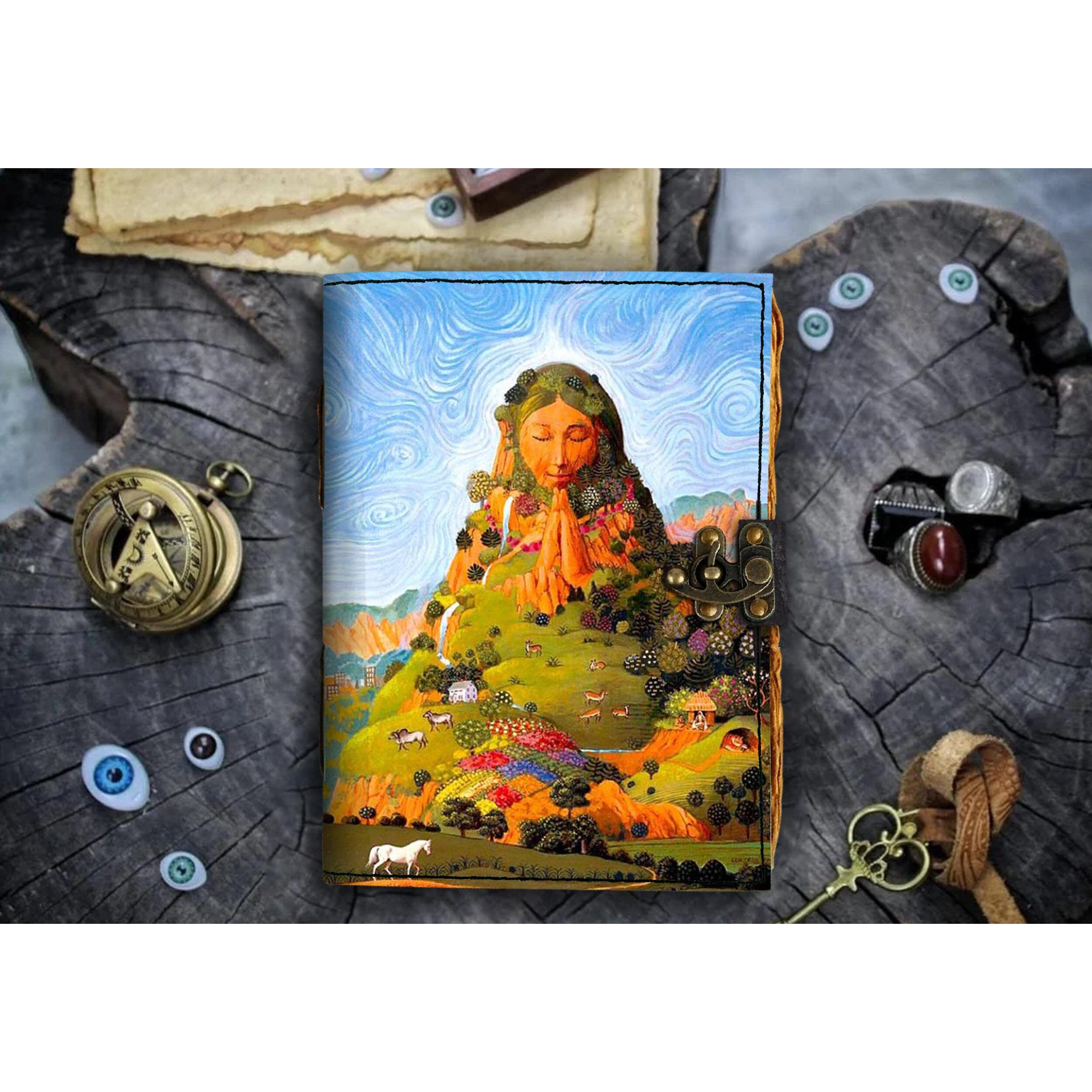 DI - KRAFT Leather Goddess Earth Printed Diary Vintage Old Pages Diary for Office & Personal Use (7 x 5 Inch)