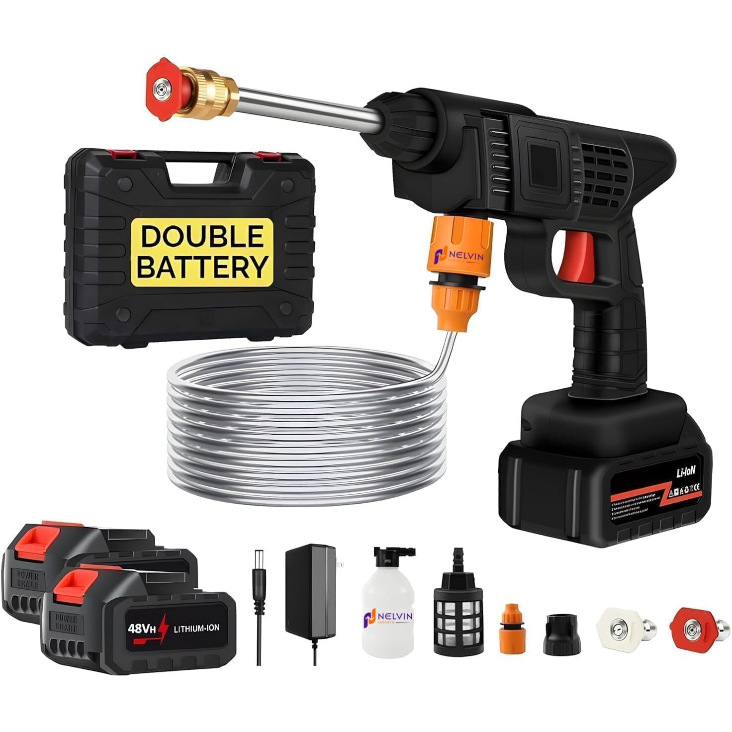 NELVINEXPORTS Cordless Portable Wireless Pressure Washer Gun 48V 12000mah High Pressure Water Gun for Car Wash Bike Washing Cleaning| Adjustable Nozzle and 5M Hose Pipe (Double Battery 01)