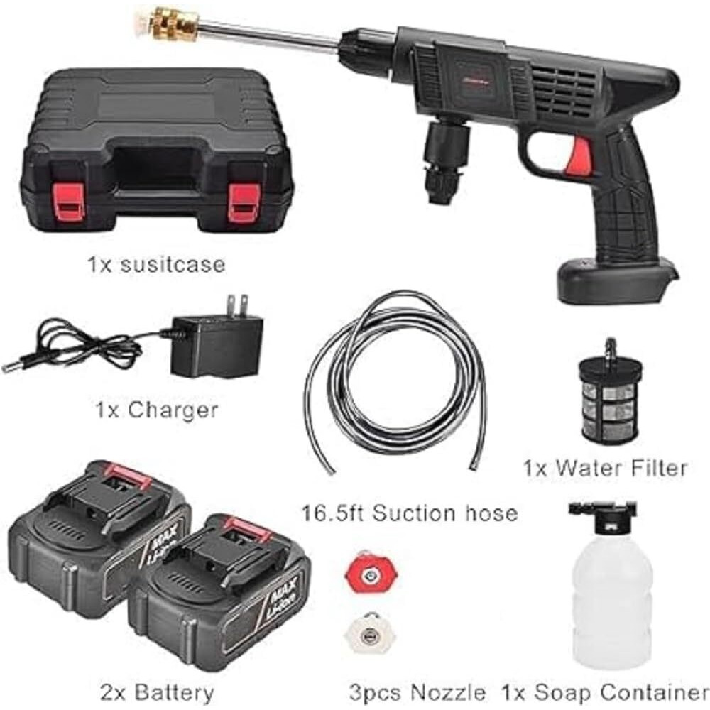 NELVINEXPORTS Cordless Portable Wireless Pressure Washer Gun 48V 12000mah High Pressure Water Gun for Car Wash Bike Washing Cleaning| Adjustable Nozzle and 5M Hose Pipe (Dual Battery 01)