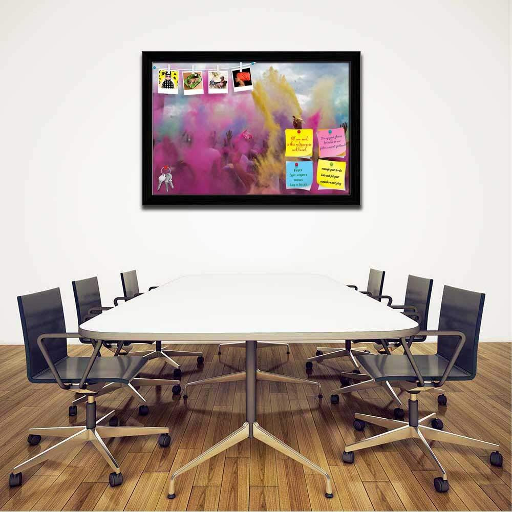 ArtzFolio Holi Festival India | Bulletin Board Notice Pin Board | Vision Soft Board Combo with Thumb Push Pins & Sticky Notes | Black Frame | 17.5 x 12 inch (44 x 30 cms)