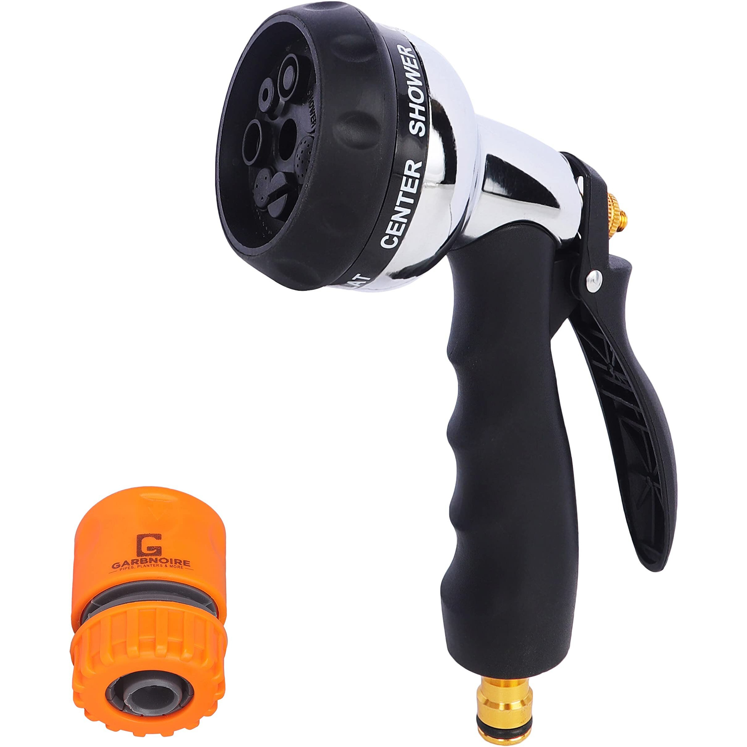 Garbnoire Heavy Duty Garden Hose Steel Nozzle Water Spray Gun With 1/2 Inch Connector High Pressure 7 Pattern For Gardening, Flower, Plants, Lawn, Bike| Multi Use Cleaning, Showering Pet, and Washing Cars - Black(Pack of 1)
