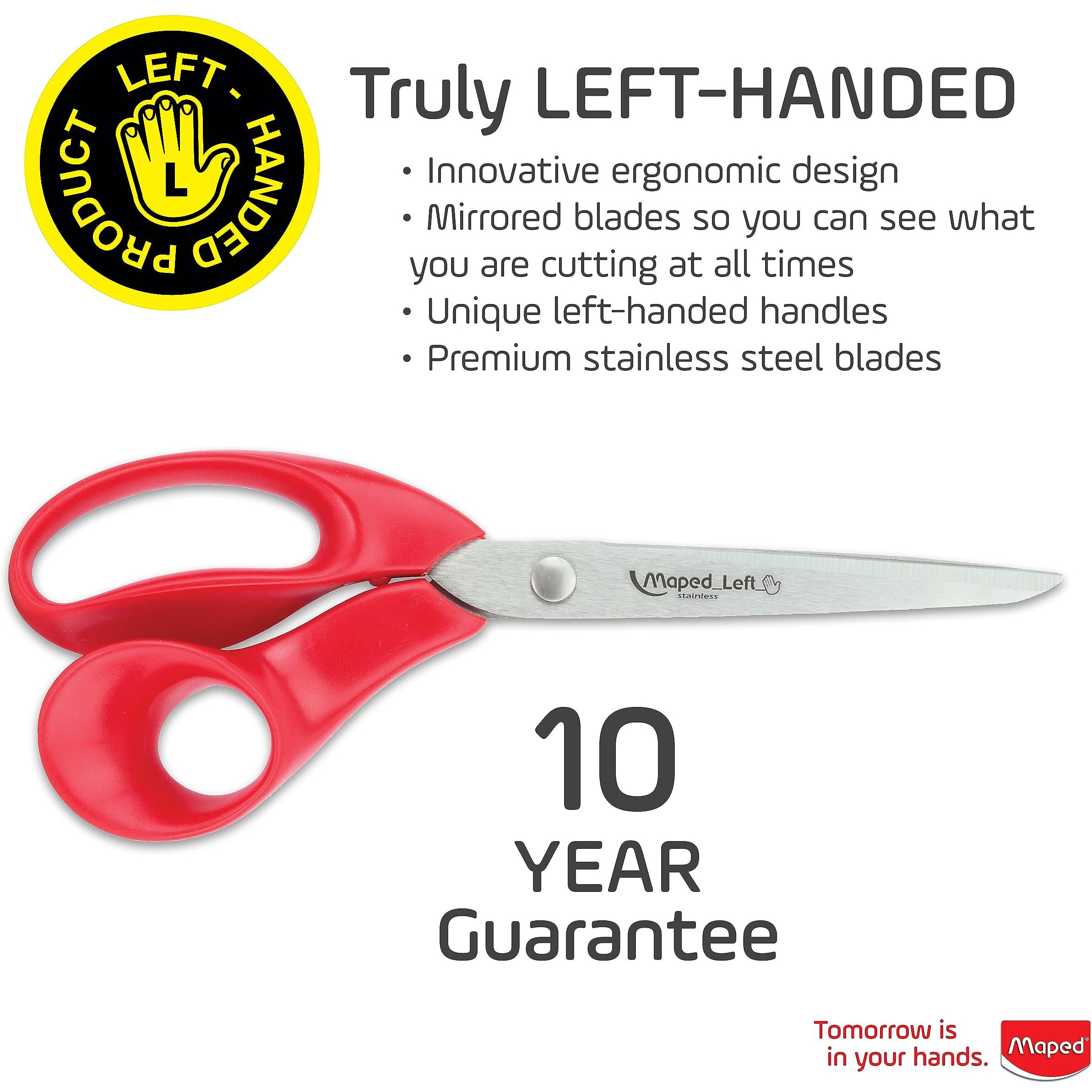 Maped Expert Left Handed Scissors, Stainless Steel Blades, 21cm/8.25-Inch, Red Handles (068650)