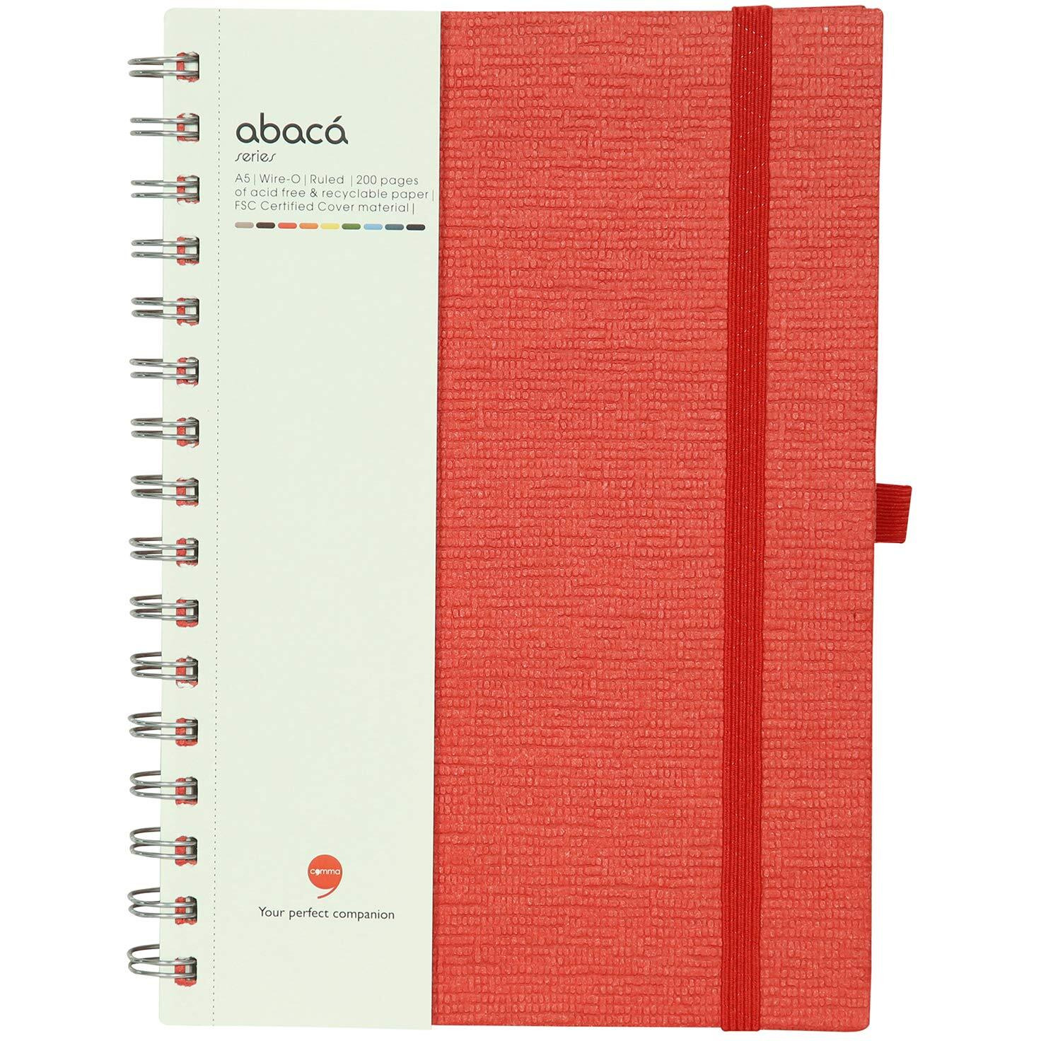 COMMA Abaca - A5 Size - Wire-O-Bound Spiral Notebook with Elastic Band Closure & Pen Loop - 200 Pages - 80gsm Natural Shade Paper - Textured Cover Material - (Red)