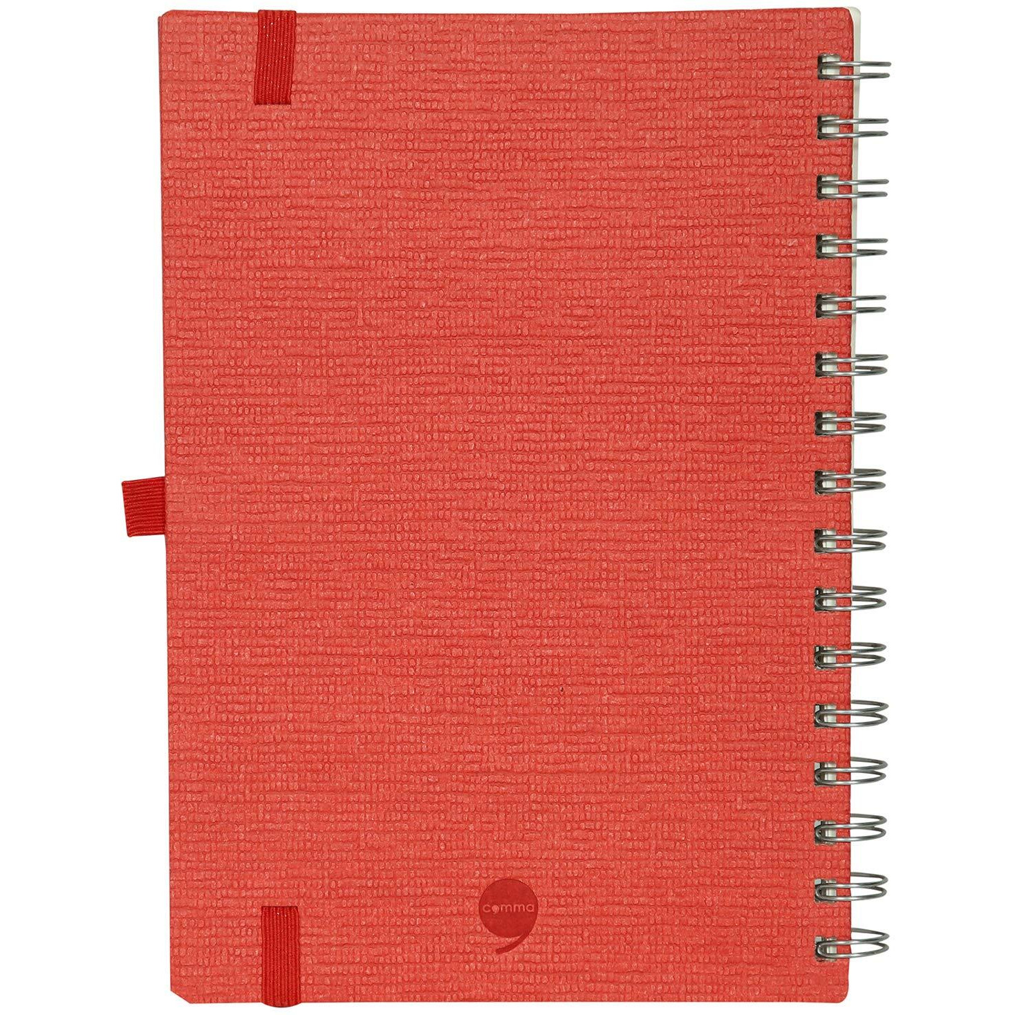 COMMA Abaca - A5 Size - Wire-O-Bound Spiral Notebook with Elastic Band Closure & Pen Loop - 200 Pages - 80gsm Natural Shade Paper - Textured Cover Material - (Red)