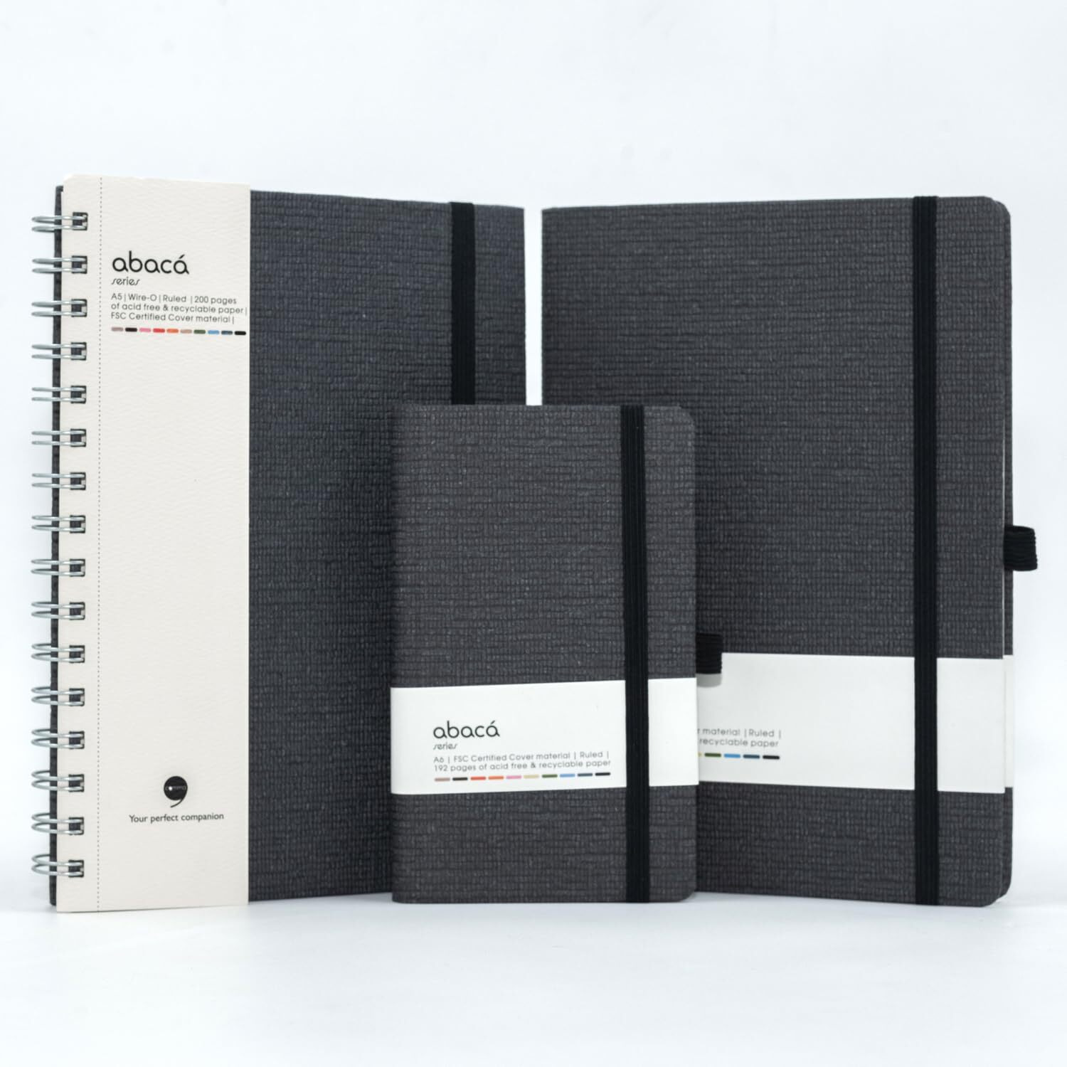 COMMA Abaca Combo | A5 Size Hard Bound, A5 Size Wire-O-Bound Notebook and A6 Size Pocket Notebook | 192 Pages ( A5 HB & A6 HB ) and 200 Pages (A5 WB) | 80gsm Natural Shade Paper | Textured Cover Material - (Black)