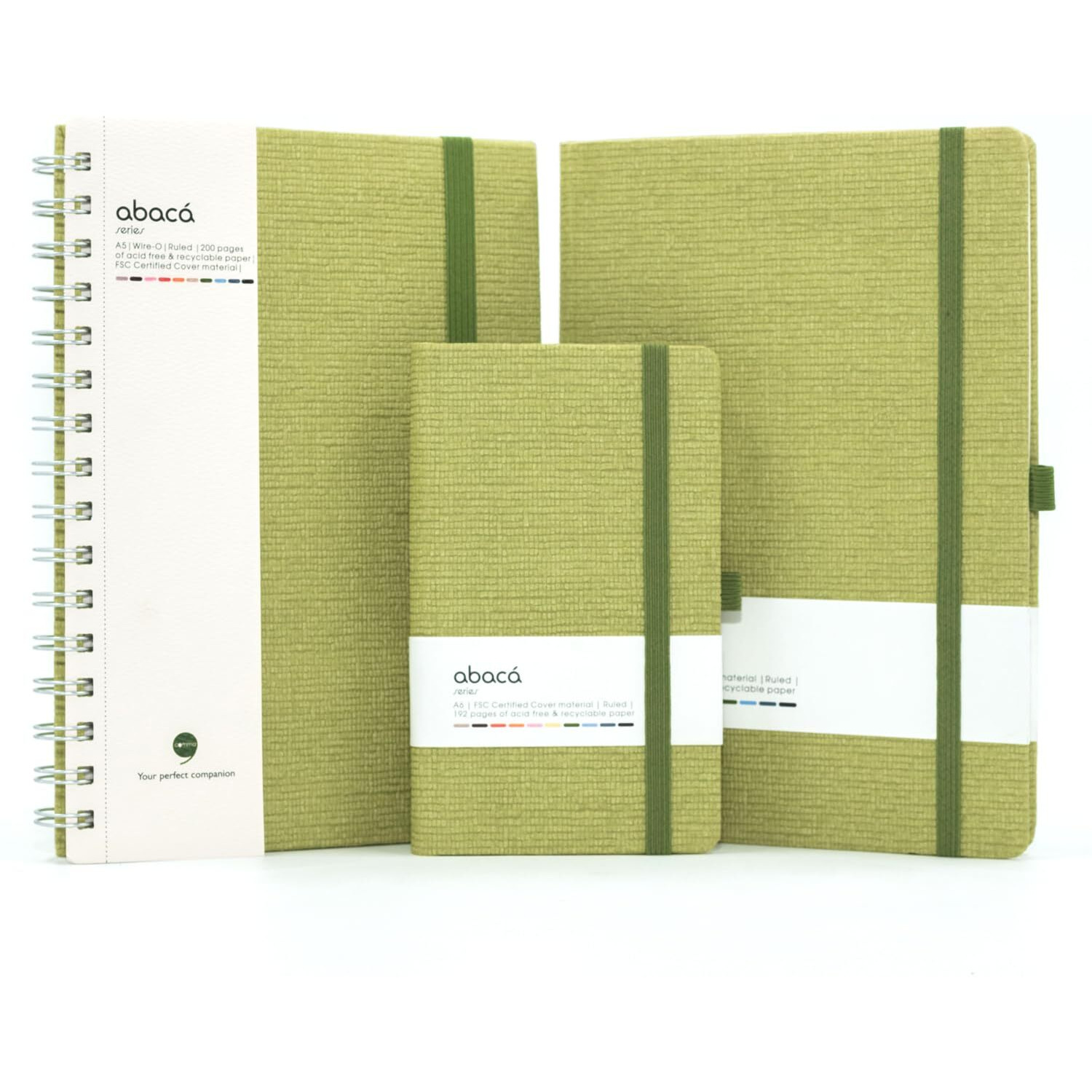 COMMA Abaca Combo | A5 Size Hard Bound, A5 Size Wire-O-Bound Notebook and A6 Size Pocket Notebook | 192 Pages ( A5 HB & A6 HB ) and 200 Pages (A5 WB) | 80gsm Natural Shade Paper | Textured Cover Material - (Green)