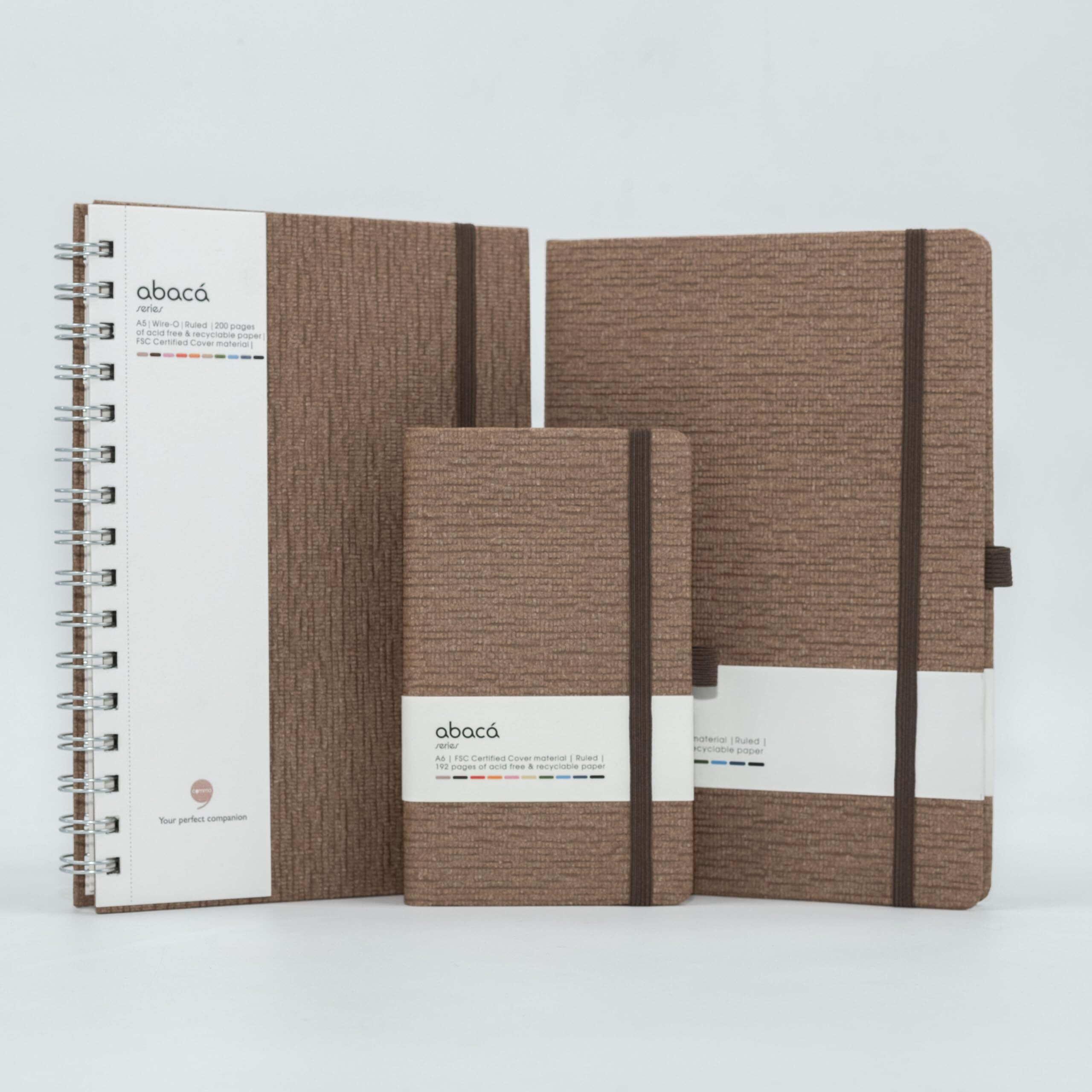 COMMA Abaca Combo | A5 Size Hard Bound, A5 Size Wire-O-Bound Notebook and A6 Size Pocket Notebook | 192 Pages ( A5 HB & A6 HB ) and 200 Pages (A5 WB) | 80gsm Natural Shade Paper | Textured Cover Material - (Walnut Brown)