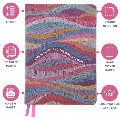 DOODLE Hard Bound Soft Foam Padded Hard Cover Paper Notebook | Compact A5 Size (8.25 x 5.7) | 160 Pages, 80 gsm | Flat Opening | Round Corners | Soft Foam Padding | 2 Bookmark Ribbons -Whimsical Waves