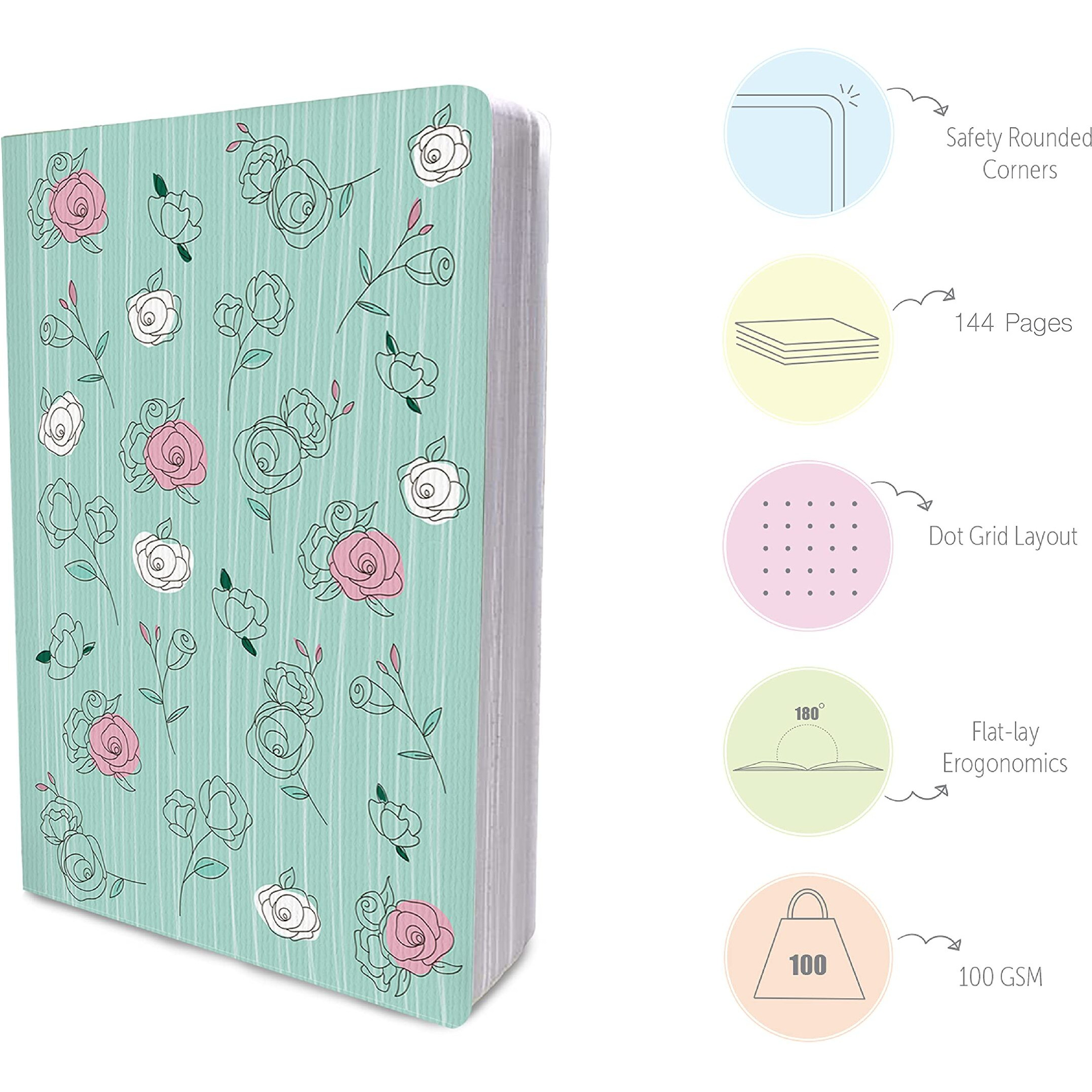 FACTOR NOTES 100 GSM A5 Notebook Dot Grid | 144 Pages (The Pastel Mint Roses)