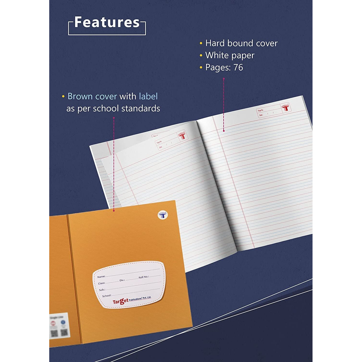 Red and Blue Line with Gap Books | Small Four Line Books | 76 Ruled Pages | Hard Brown Cover | 15.5 cm x 19 cm Approx | Pack of 5 Notebooks | for School, College and Office Use | GSM 60