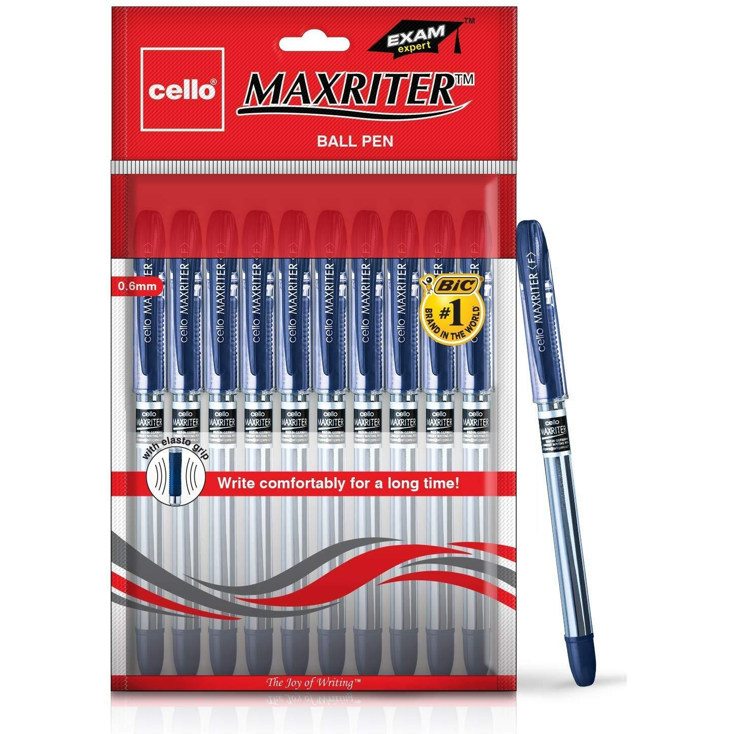 Cello Maxriter Ball Pen | Pack of 10 | Blue Ball Pens | Lightweight Ball Pens for Pressure Free & Fine Writing | Elasto Grip for Comfort | Ball Pens with Lubriflow Ink System Pens