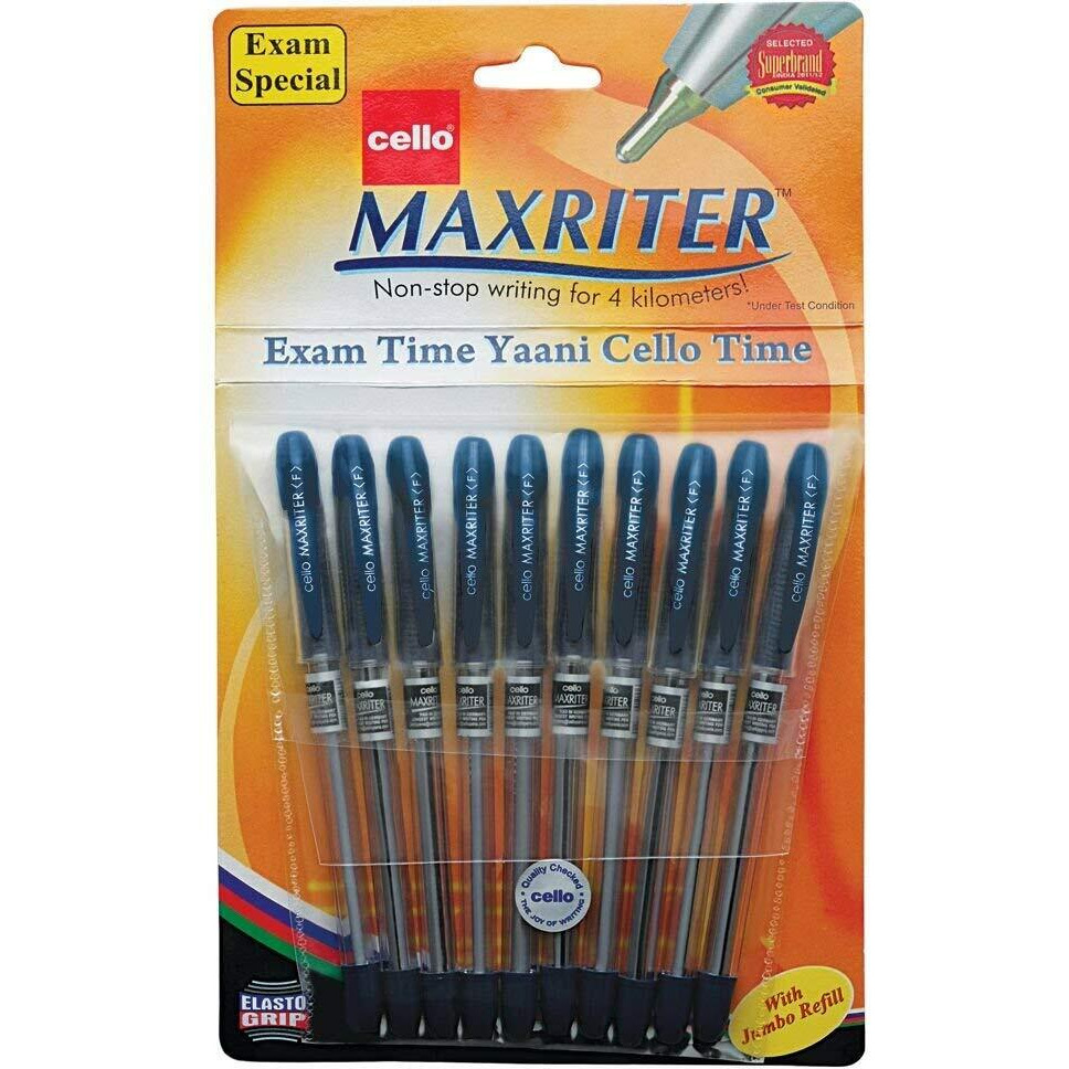 Cello Maxriter Ball Pen | Pack of 10 | Blue Ball Pens | Lightweight Ball Pens for Pressure Free & Fine Writing | Elasto Grip for Comfort | Ball Pens with Lubriflow Ink System Pens
