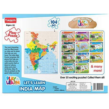 Funskool - Play & Learn India Toy Map, Educational, 104 Pieces, Puzzle, For 6 year Old kids And Above, Multi Color