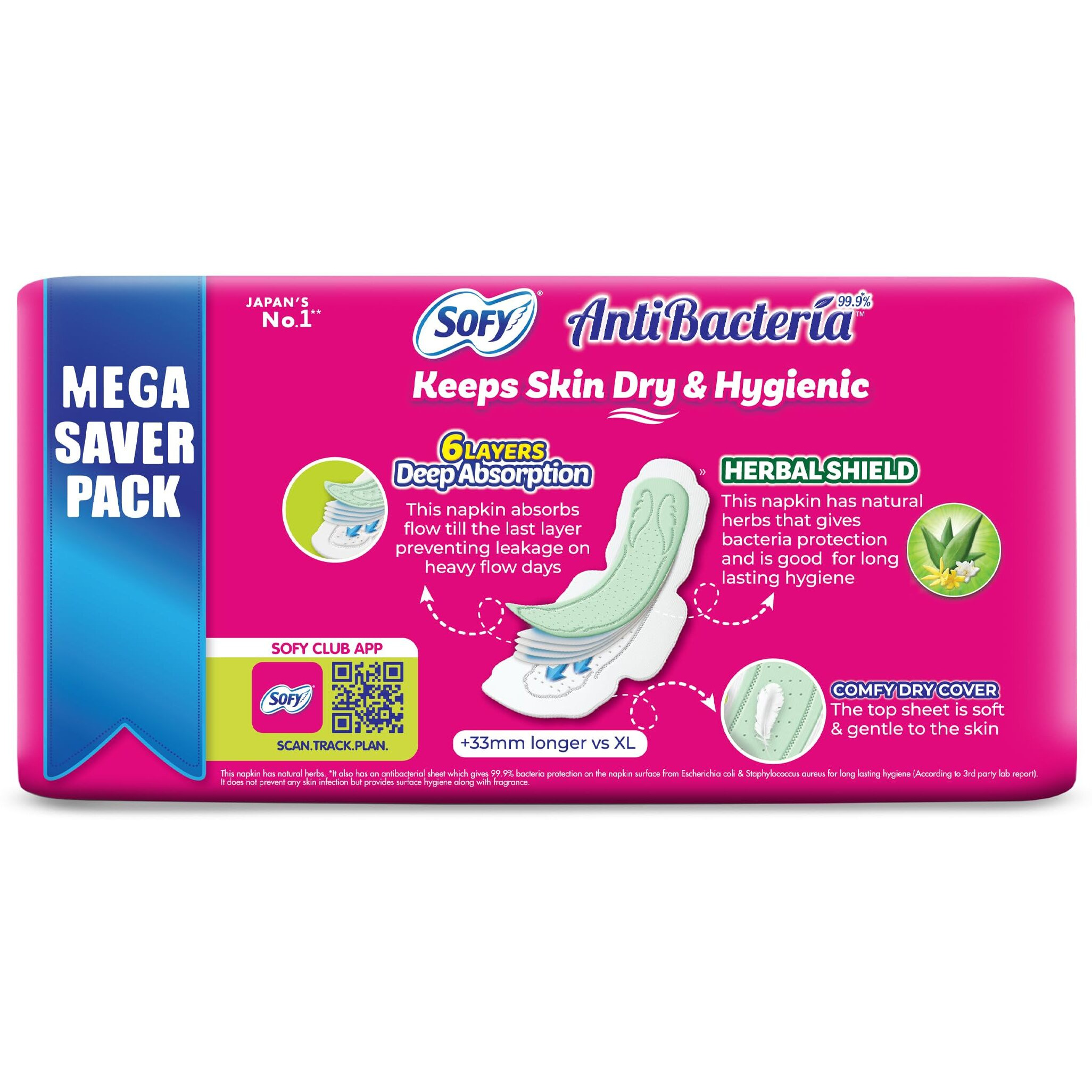 Sofy Anti Bacteria Extra Long Sanitary Pads, Pack of 44