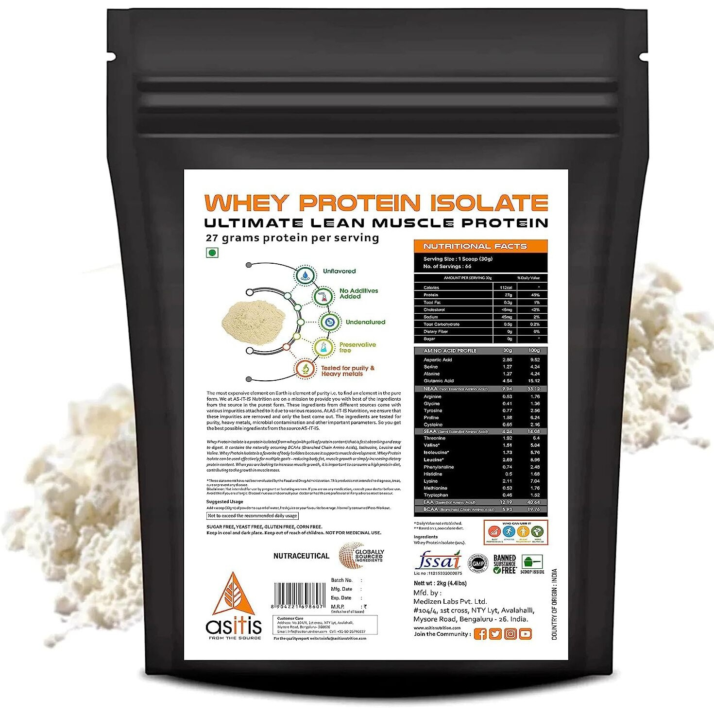AS-IT-IS Nutrition Whey Protein Isolate 90% - 2 kg | Protein 27g & BCAA 5.9g per serving