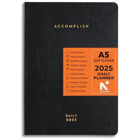NEORAH  A5 - 2025 |512 Pages | DAILY Dated ACCOMPLISH Planner - SOFT COVER | Includes Dated Yearly Layout | Monthly Layout |Weekly + 24hrs Hourly Layout | 365 Daily Pages | 12 Month Budget | 12 Month Habit Tracker Wheel | Track Goals | Things to Do | Health | Priorities | Affirmations | Accomplishments | Gratitude Journal -12 Month Productivity Pro Planner Diary with Dates for Work, Study Size (21.0 x 14.8 cm) | (Black)