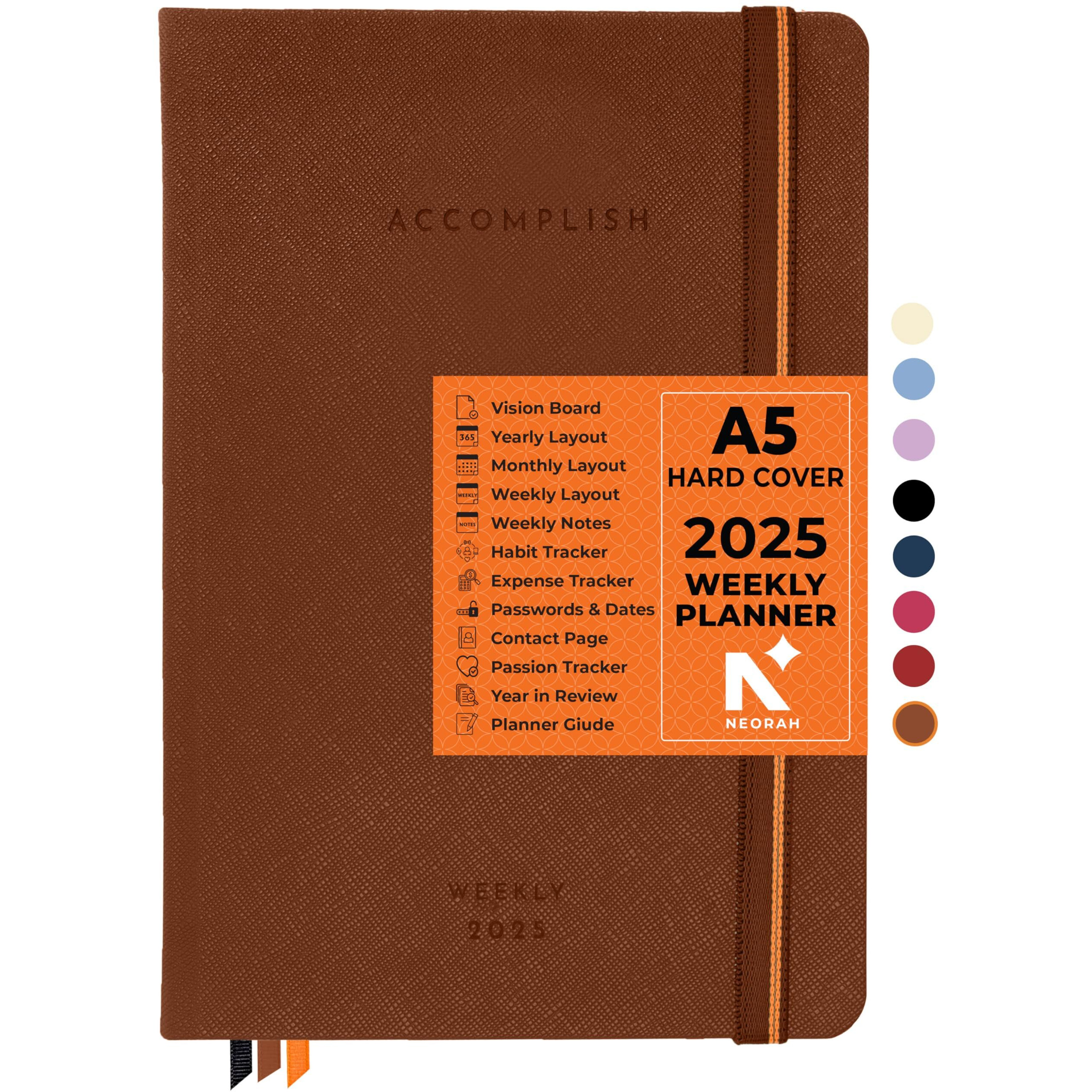 Product image NEORAH - A5 2025 DATED WEEKLY PLANNER - Accomplish - Includes Yearly | Monthly | Weekly + Notes Layout with 12 Month Budget Tracker | Habit Tracker Wheel | Gratitude Journal | Track Goals - Accomplishments | Things to Do | Passion | Password Log | Track Birthday Anniversary | Extra Notes | 2025 Productivity Planner Diary with Dates - Planner for Work & Study (Size 21.0 x 14.8cm) | Dated Weekly Planner-HARDCOVER | (Brown) [STICKERS SOLD SEPERATELY]