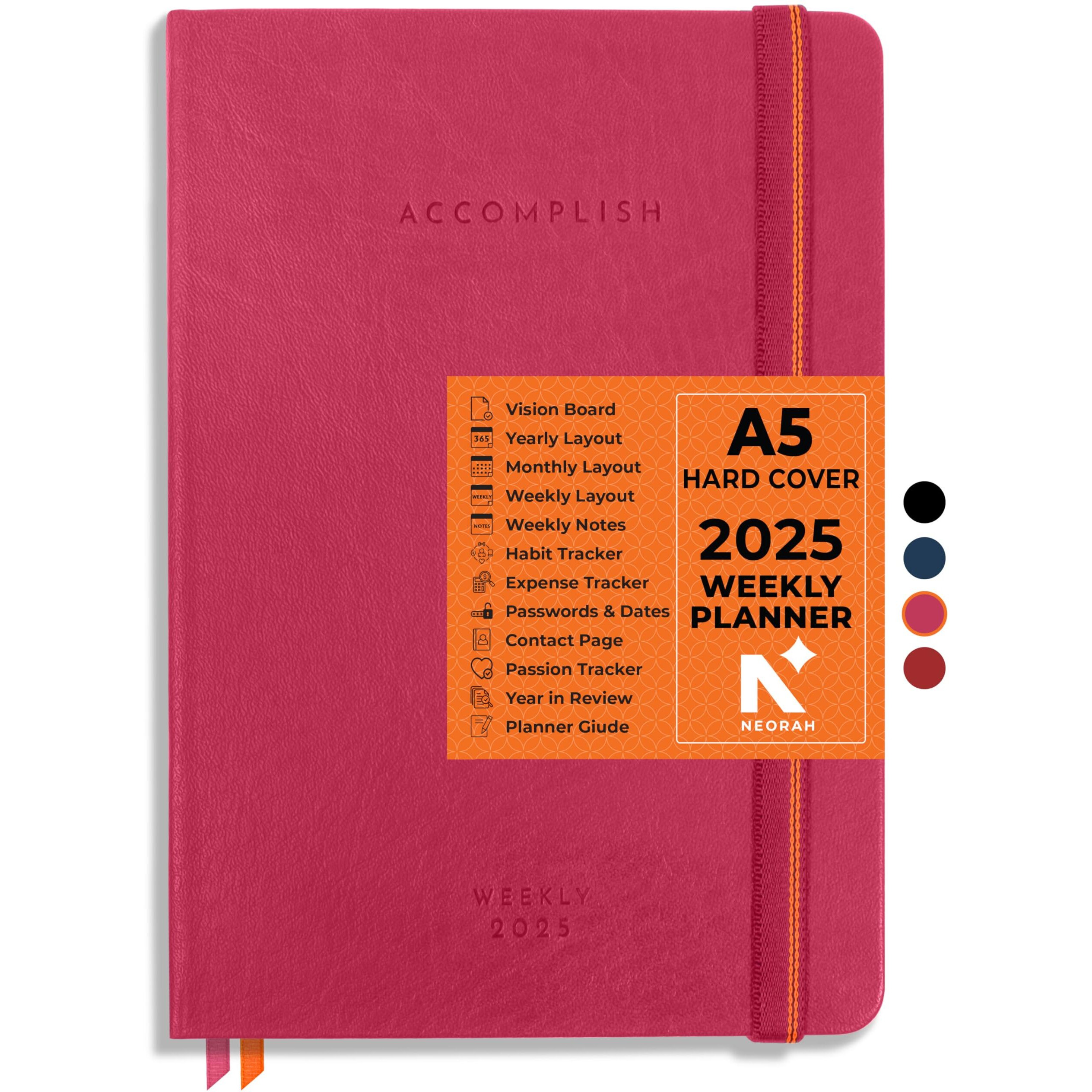 NEORAH - A5 2025 DATED WEEKLY PLANNER - Accomplish - Includes Yearly | Monthly | Weekly + Notes Layout with 12 Month Budget Tracker | Habit Tracker Wheel | Gratitude Journal | Track Goals - Accomplishments | Things to Do | Passion | Password Log | Track Birthday Anniversary | Extra Notes | 2025 Productivity Planner Diary with Dates - Planner for Work & Study (Size 21.0 x 14.8cm) | Dated Weekly Planner-HARDCOVER | (Pink) [STICKERS SOLD SEPERATELY]