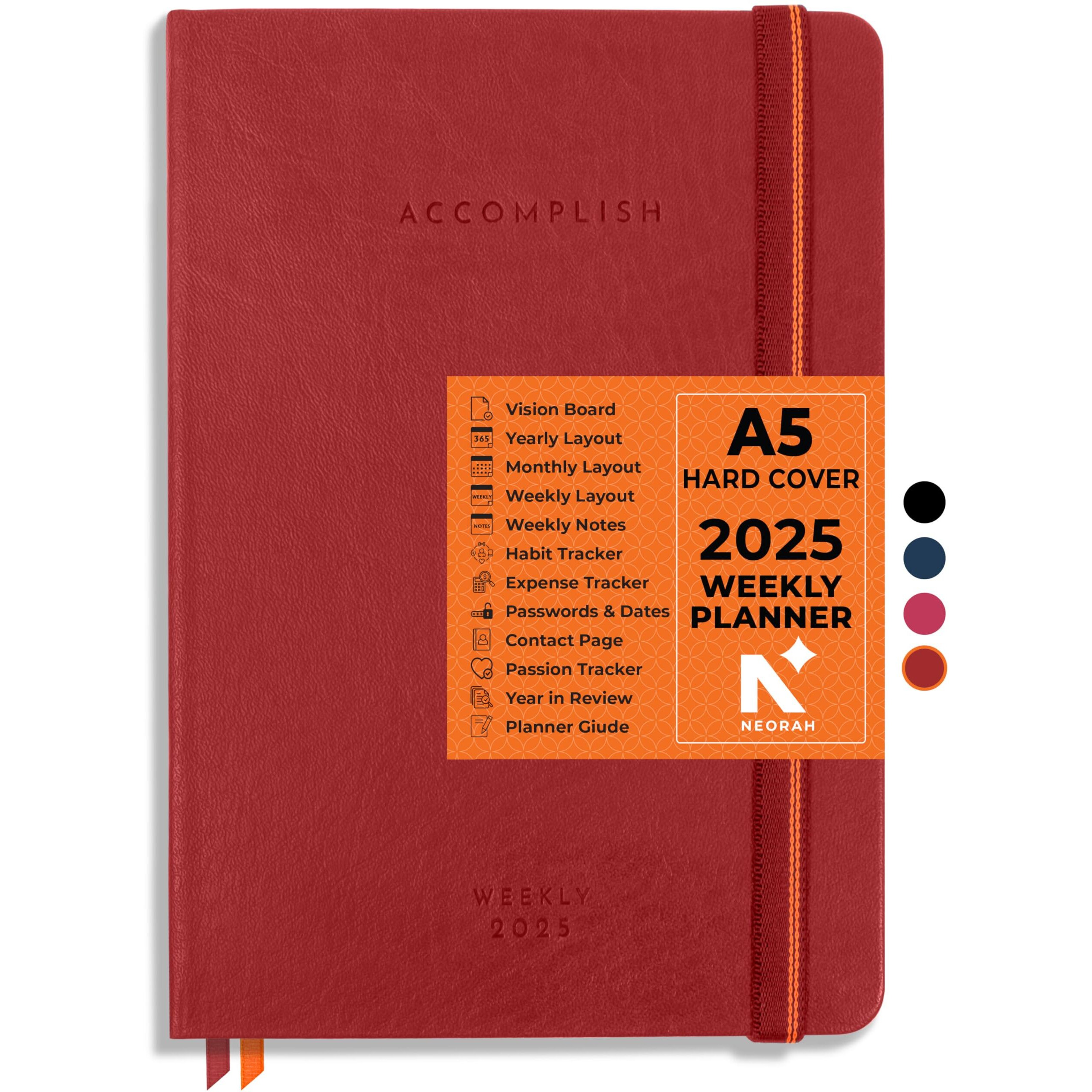 NEORAH - A5 2025 DATED WEEKLY PLANNER - Accomplish - Includes Yearly | Monthly | Weekly + Notes Layout with 12 Month Budget Tracker | Habit Tracker Wheel | Gratitude Journal | Track Goals - Accomplishments | Things to Do | Passion | Password Log | Track Birthday Anniversary | Extra Notes | 2025 Productivity Planner Diary with Dates - Planner for Work & Study (Size 21.0 x 14.8cm) | Dated Weekly Planner-HARDCOVER | (RED) [STICKERS SOLD SEPERATELY]