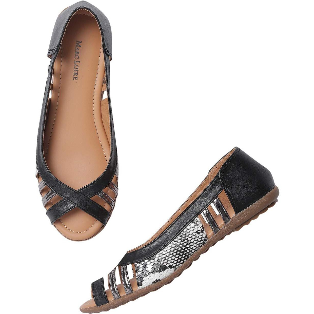Marc Loire Women s Black Peep Toe Slip-On Flats Ballerina Shoes, 6 UK