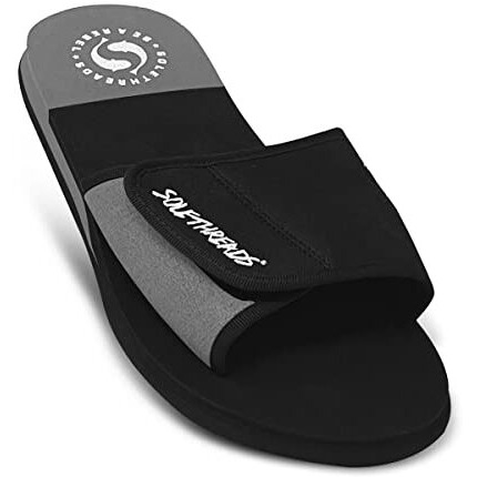 SOLETHREADS FREEWAY | Slides | Velcro Adjustable Strap | Cushioned Footbed | Comfy | Slippers | Flip Flops for Men | UK 8 | BLACK/GREY