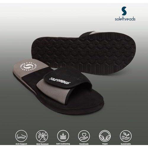 SOLETHREADS FREEWAY | Slides | Velcro Adjustable Strap | Cushioned Footbed | Comfy | Slippers | Flip Flops for Men | UK 8 | BLACK/GREY
