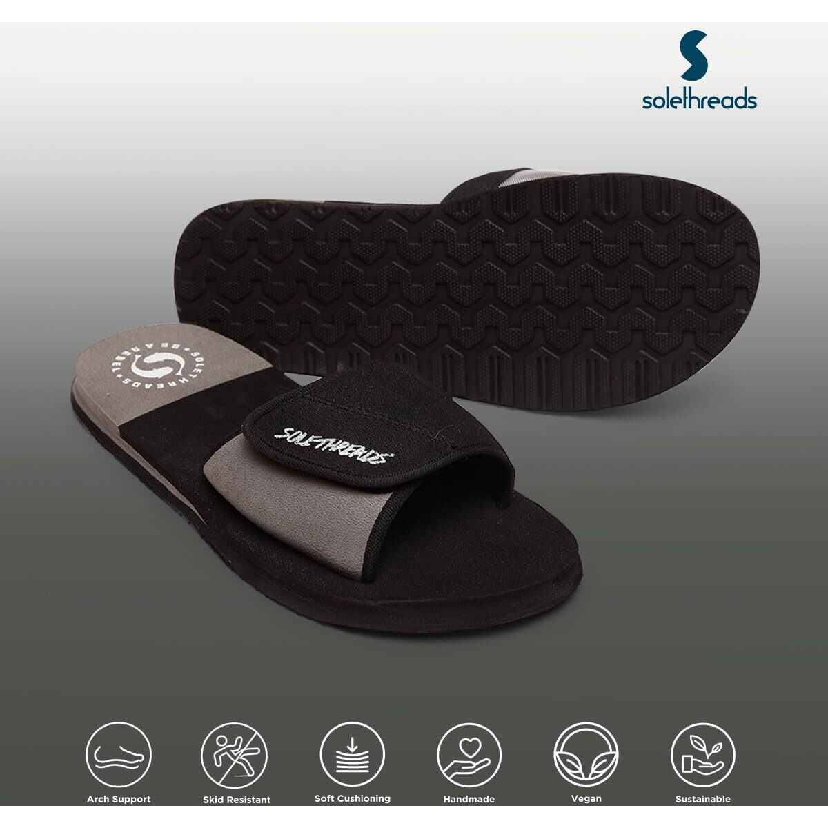 SOLETHREADS FREEWAY | Slides | Velcro Adjustable Strap | Cushioned Footbed | Comfy | Slippers | Flip Flops for Men | UK 10 | BLACK/GREY