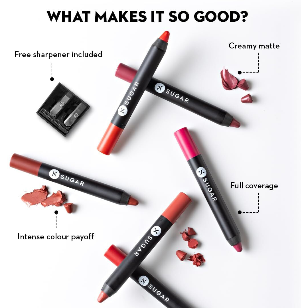 SUGAR Cosmetics Matte as Hell Crayon Lipsticks for Women | Lasts Up To 8+ Hours | Lip Crayon with Sharpener | 2.8gm - 15 Stephanie Plum