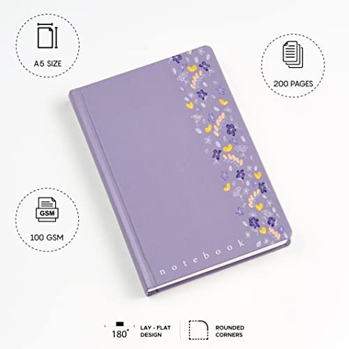 FACTOR NOTES Hardbound Notebook 100 GSM|A5|3 Bookmarks|200 Pages|Inner Pocket|Dot-Grid (The Lavender Wildflower)