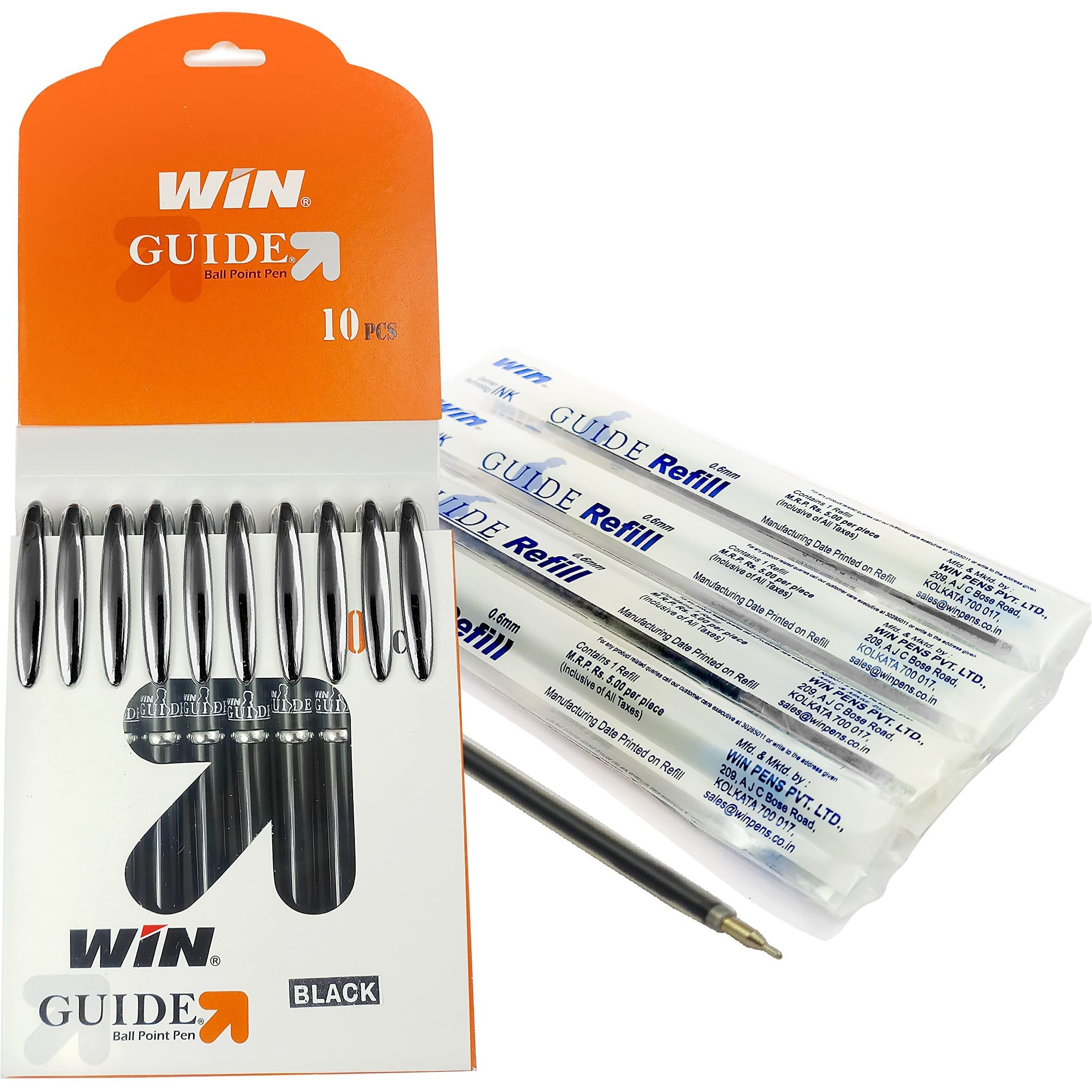 WIN Guide Ball Pens | 10 Black Ink Pens & 10 Refills | Premium Pens with Metallic Clip | 0.6 mm Tip | Smooth Writing | Lightweight Body Available | Refillable Pens for Students & Exams