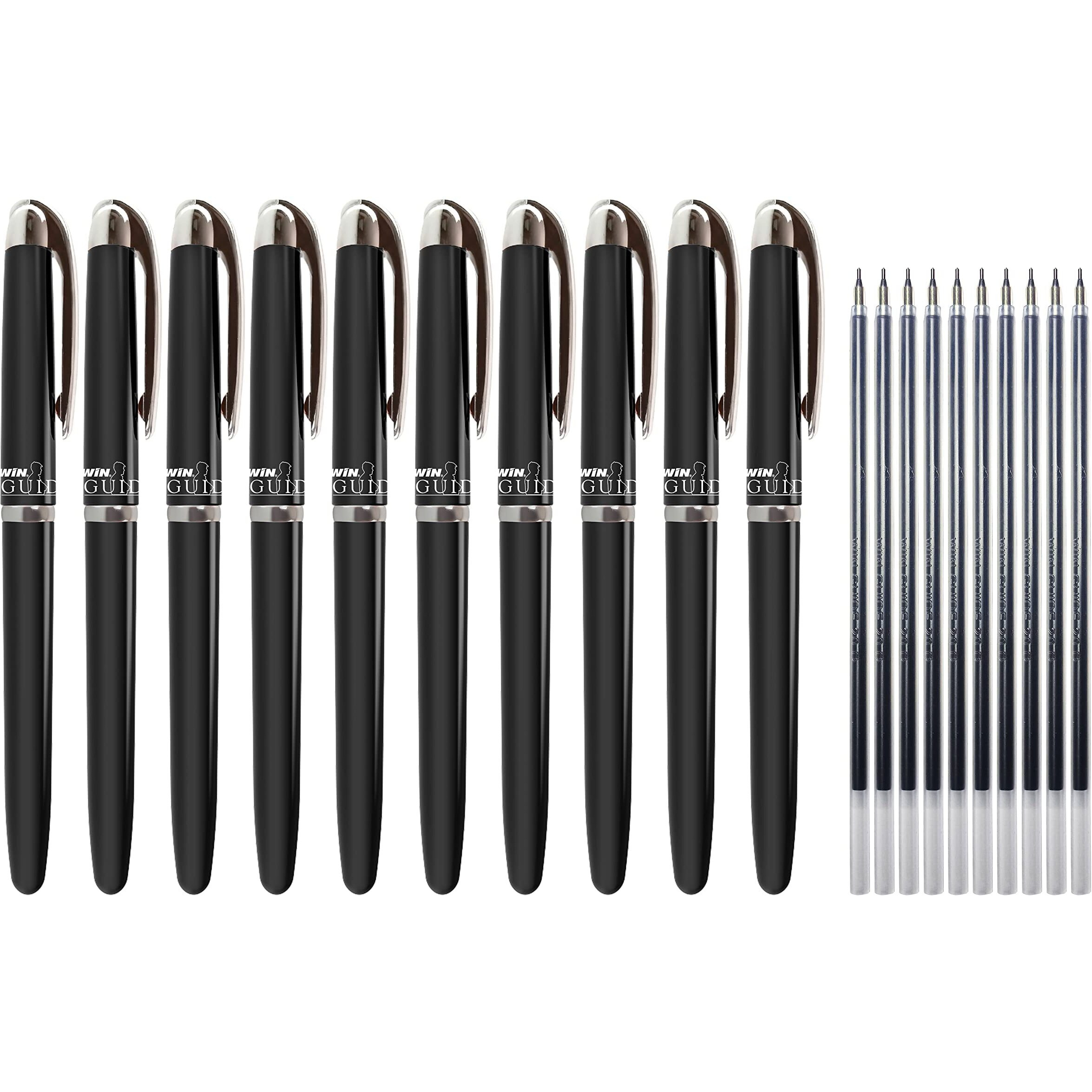 WIN Guide Ball Pens | 10 Black Ink Pens & 10 Refills | Premium Pens with Metallic Clip | 0.6 mm Tip | Smooth Writing | Lightweight Body Available | Refillable Pens for Students & Exams