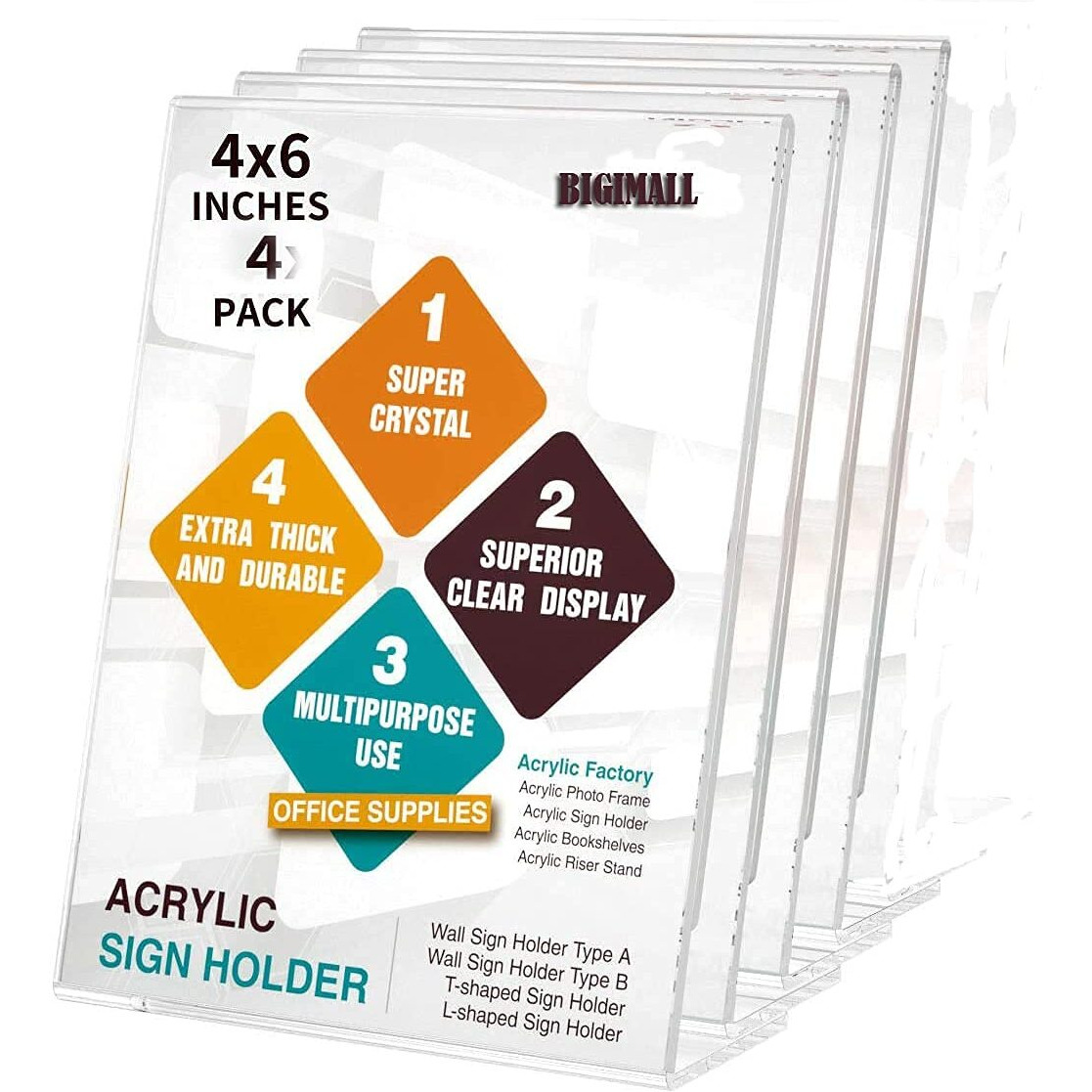 BIGMALL Acrylic Sign Display Portrait 4 pieces (A6/102x148 mm, Clear 4X6 -inch, Pack of 4, 3MM Acrylic Material)
