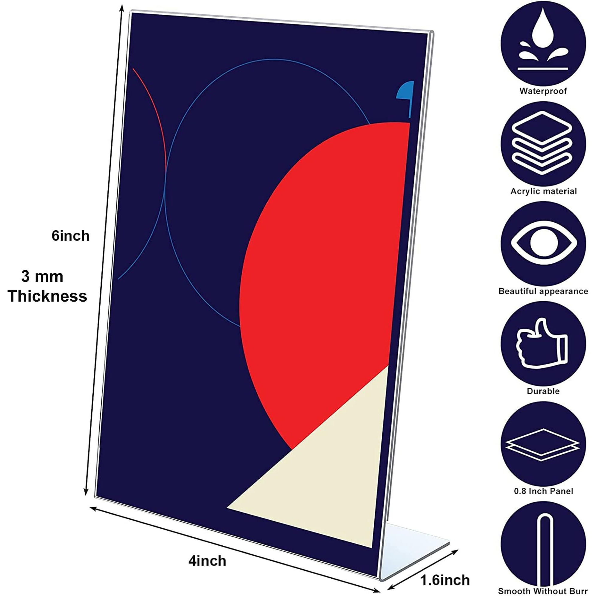 Shuban Acrylic Sign Holder 4 X 6 Inches Vertical, Desktop Slant Back Acrylic Sign Holder and Plastic L Shape Paper Display Stand for Restaurants, Office Desktop, Market, Library, Store, Pack of 10