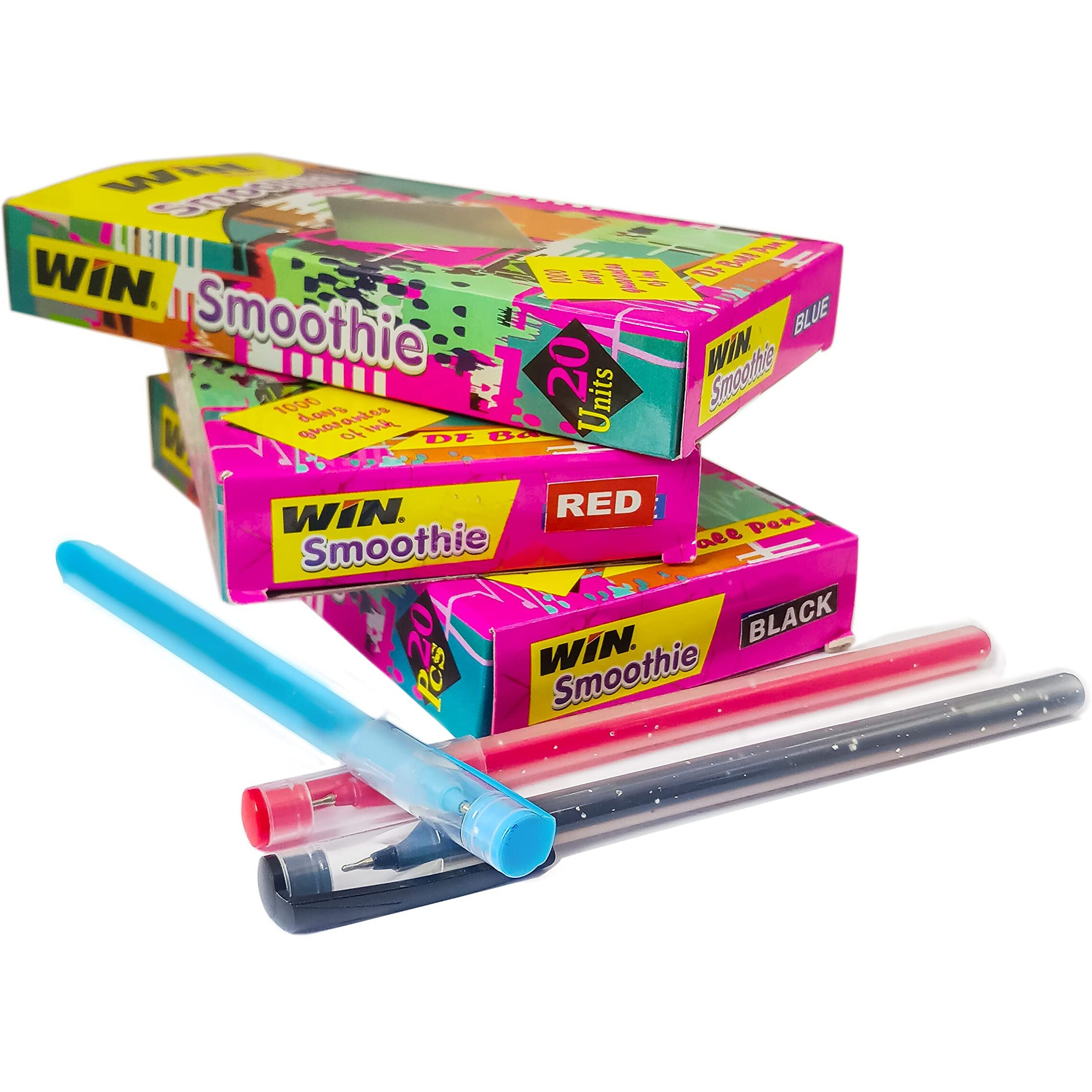 WIN Smoothie Ball Pens | 60 Pens (20 Blue Ink, 20 Black Ink & 20 Red Ink) | Colourful Sparkle Body | Use and Throw Pens | For One Time Use | Smooth Flow of Ink | Pens for Writing | Office Stationery