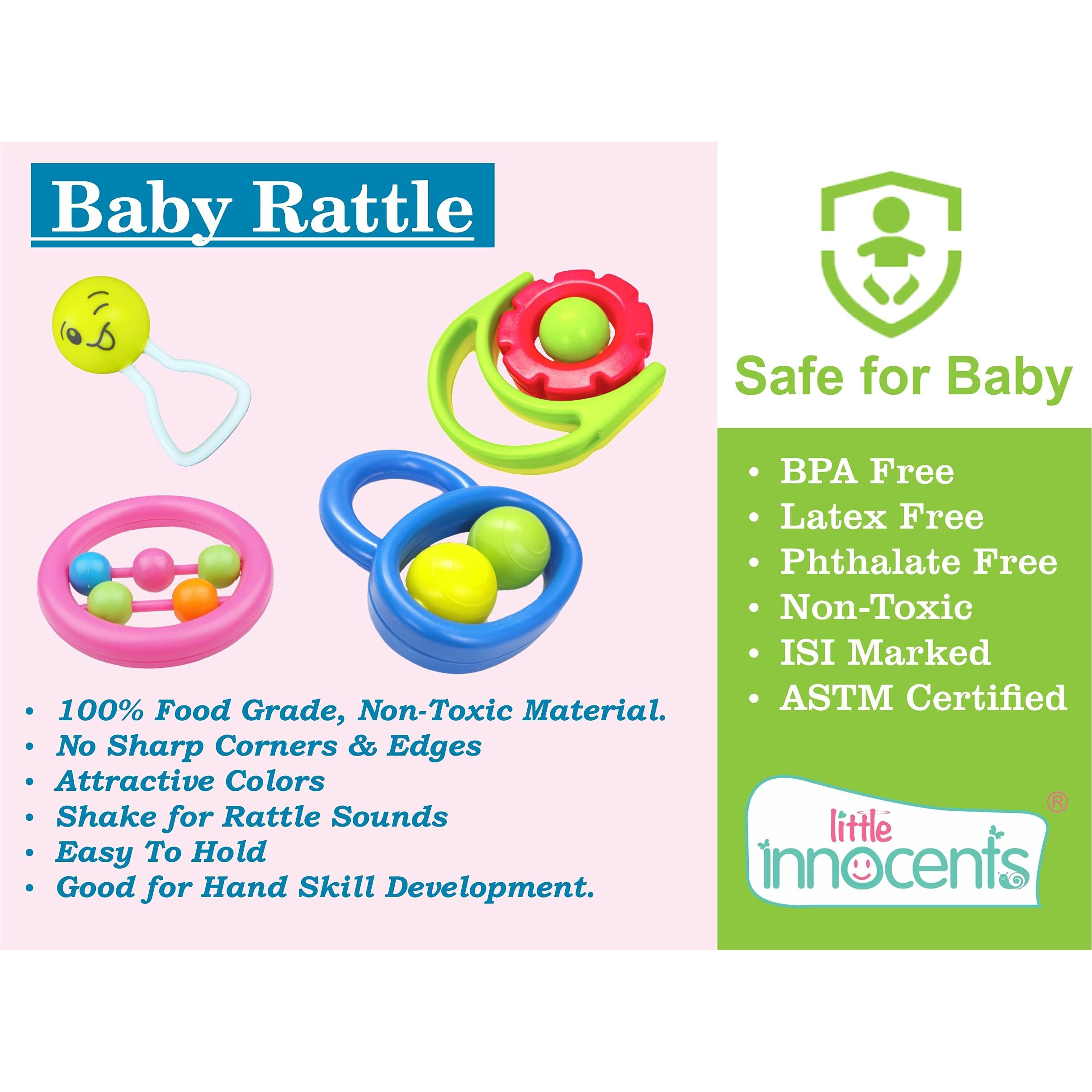 Little Innocents BPA-Free Non Toxic Colorful Plastic 4 Shake & Grab Rattles & 1 Soothing Key Teether for Babies & Infants, Early Age Toys for New Borns (Set of 5, Multicolor)