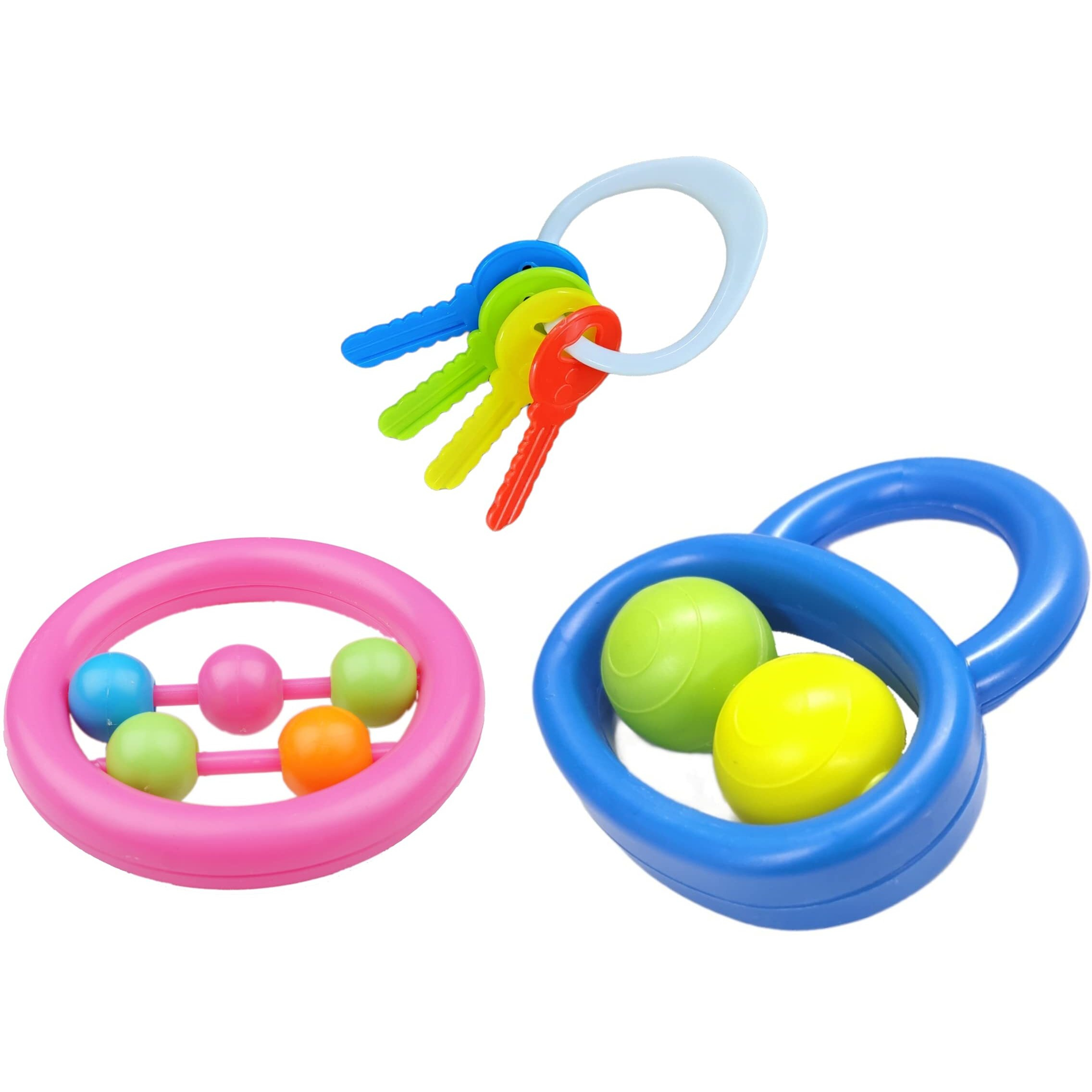 Little Innocents BPA-Free Non Toxic Colorful Plastic 2 Shake & Grab Rattles & 1 Soothing Key Teether for Babies & Infants, Early Age Toys for New Borns(3Pcs-Multicolor)