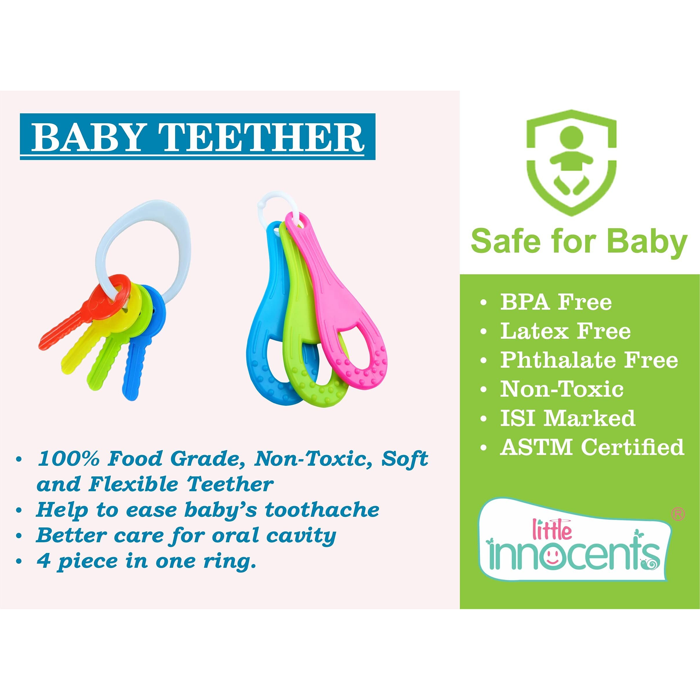 Little Innocents BPA-Free Non Toxic Colorful Plastic 4 Shake & Grab Rattles & 2 Soothing Tennis & Key Teether for Babies & Infants, Early Age Toys for New Borns (Set of 6, Multicolor)