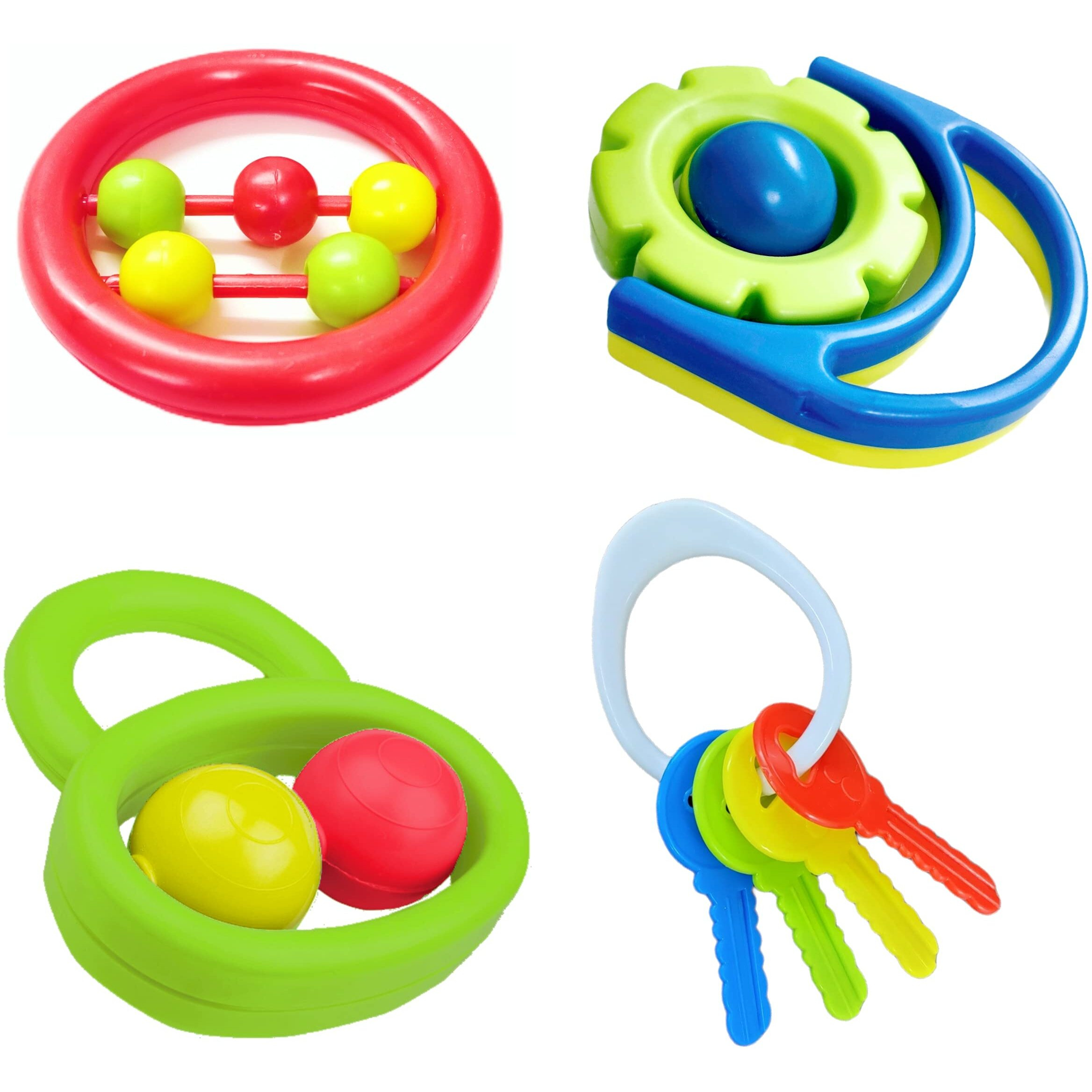 Little Innocents BPA-Free Non Toxic Colorful Plastic 3 Shake & Grab Rattles & 1 Soothing Key Teether for Babies & Infants, Early Age Toys for New Borns(4Pcs-Multicolor)