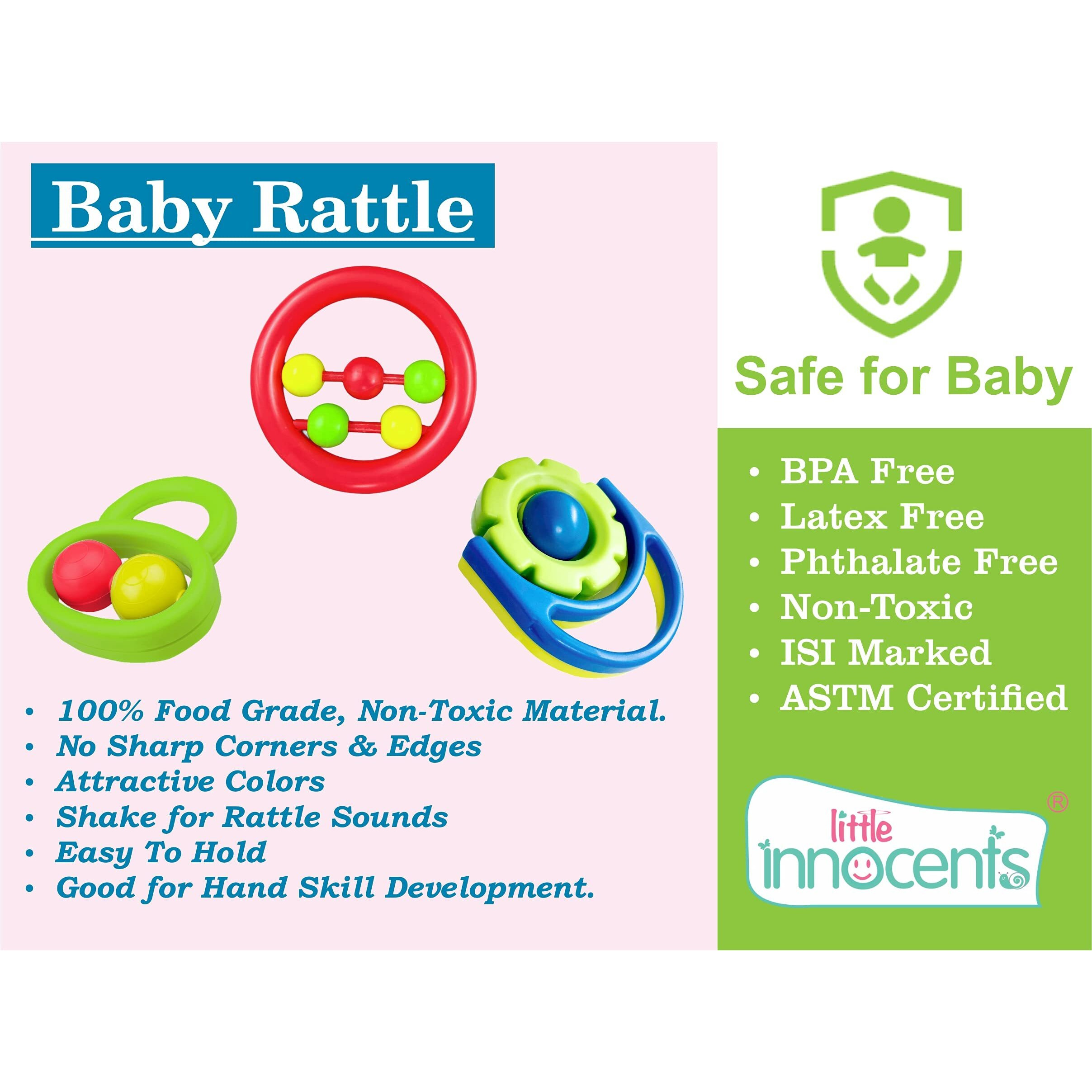 Little Innocents BPA-Free Non Toxic Colorful Plastic 3 Shake & Grab Rattles & 1 Soothing Key Teether for Babies & Infants, Early Age Toys for New Borns(4Pcs-Multicolor)
