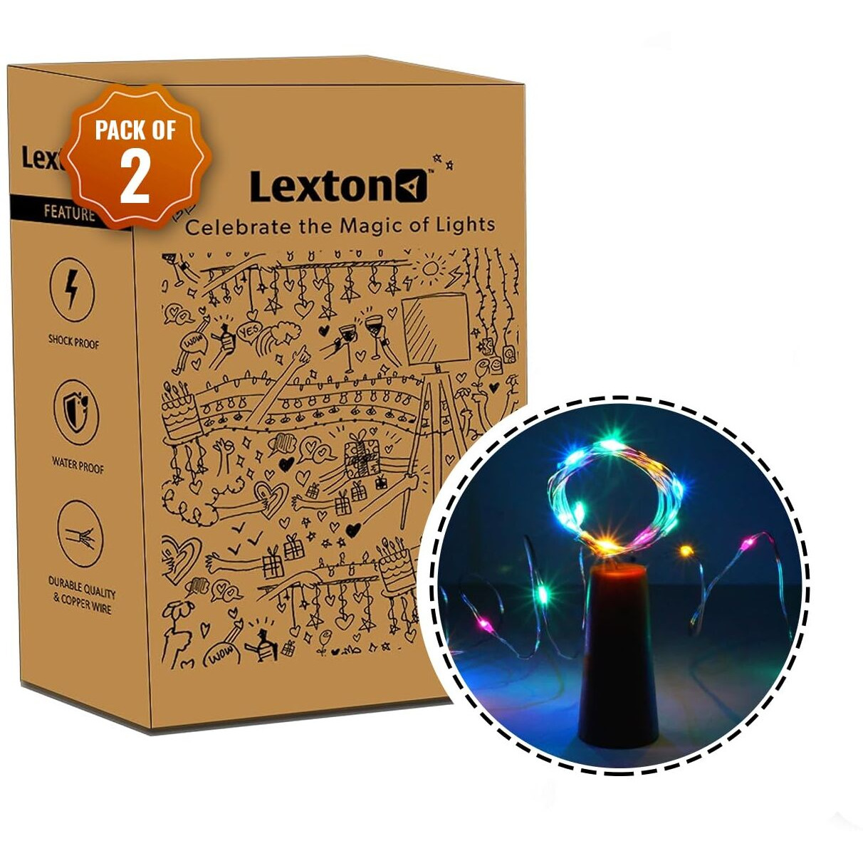 Lexton 20 LED Wine Bottle Cork Lights Copper Wire String Lights (Multicolor, Pack of 2) (Multicolor Lights)