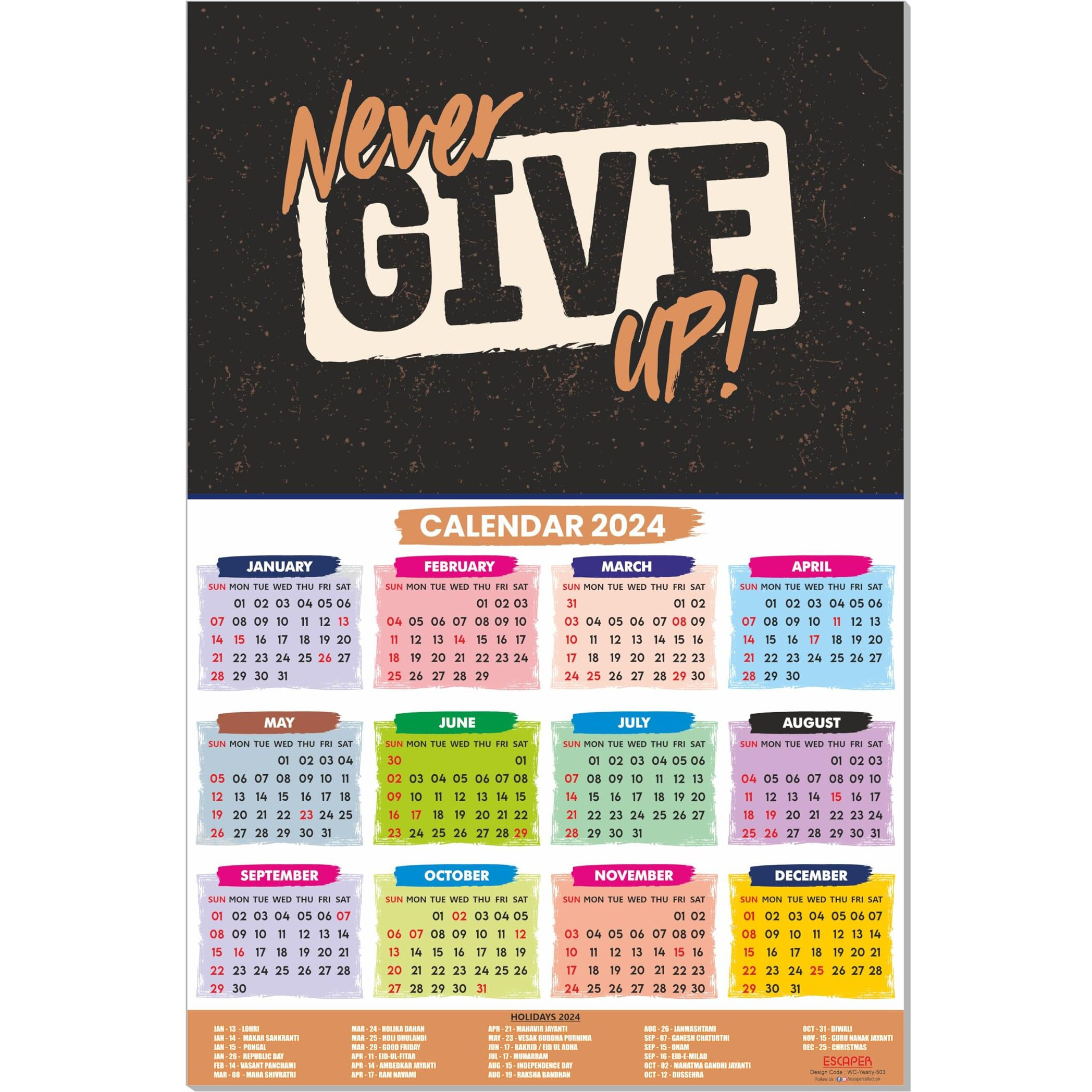 ESCAPER Never Give Up Motivational Calendar 2024 for Wall Single Page Yearly Wall Hanging Easy Application Perfect New Year Gift (12 x 18)