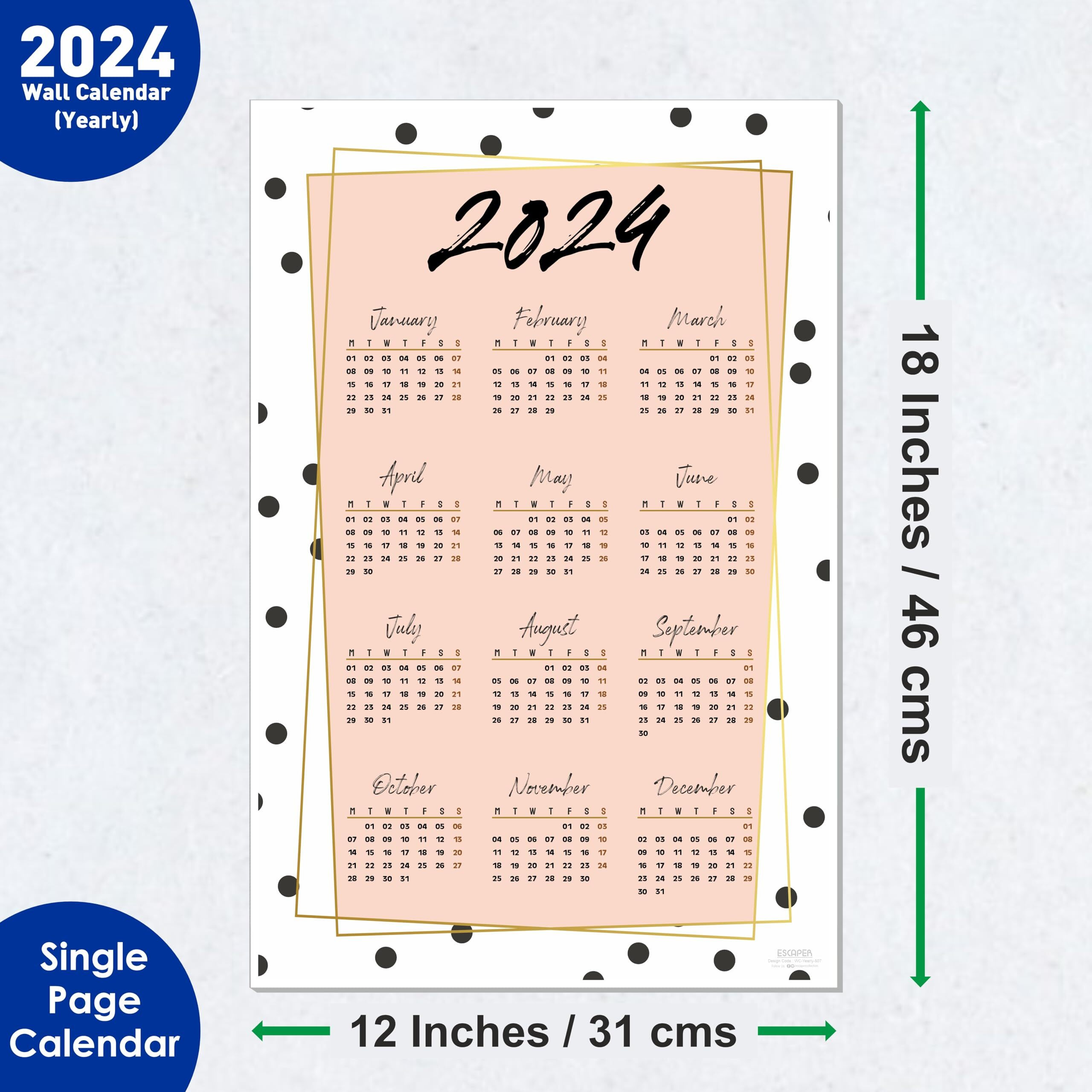 ESCAPER Polka Dots Theme Wall Calendar 2024 for Wall Single Page Yearly Wall Hanging Easy Application Perfect New Year Gift (12 x 18)