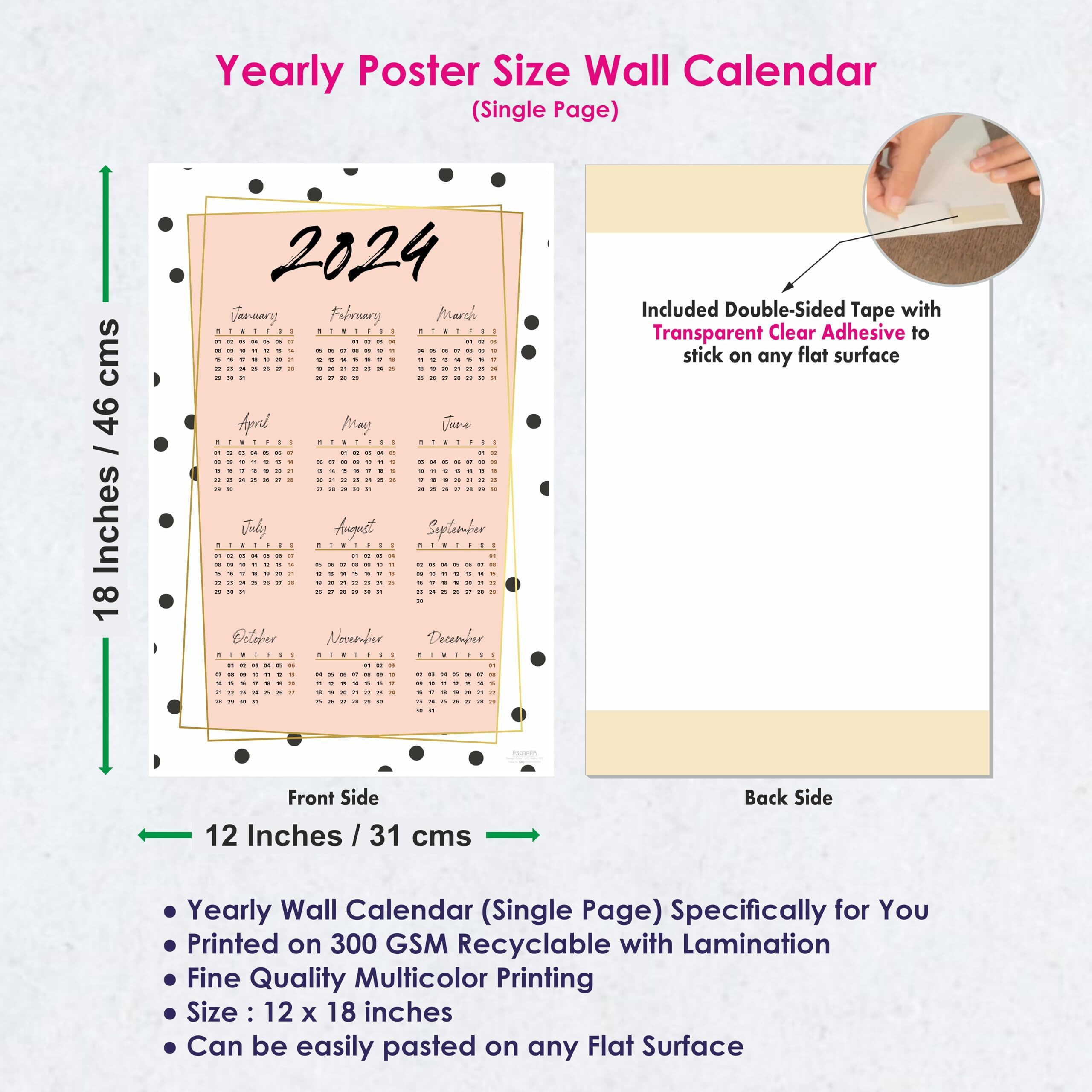 ESCAPER Polka Dots Theme Wall Calendar 2024 for Wall Single Page Yearly Wall Hanging Easy Application Perfect New Year Gift (12 x 18)