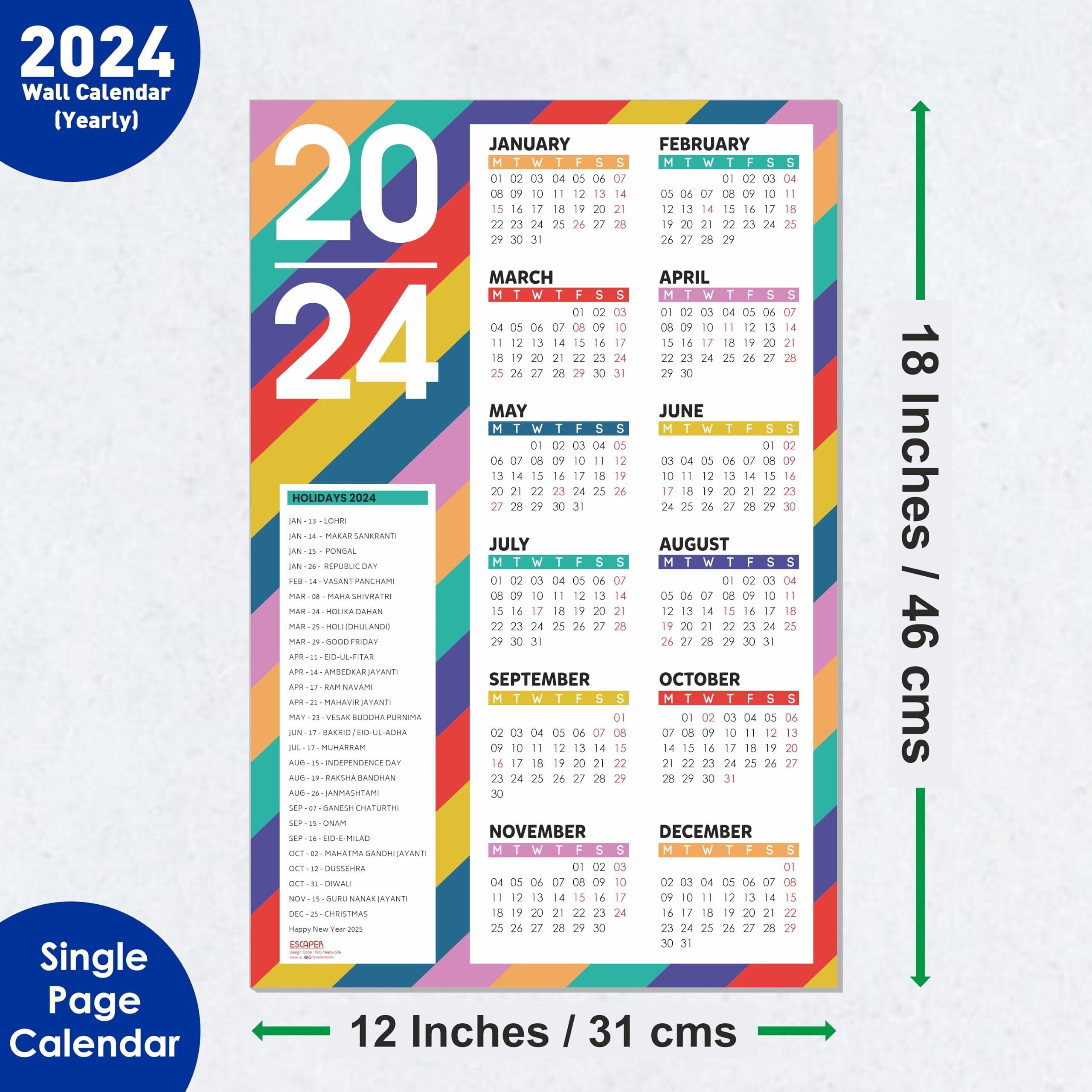 ESCAPER Stripes Theme Wall Calendar 2024 for Wall Single Page Yearly Wall Hanging Easy Application Perfect New Year Gift (12 x 18)