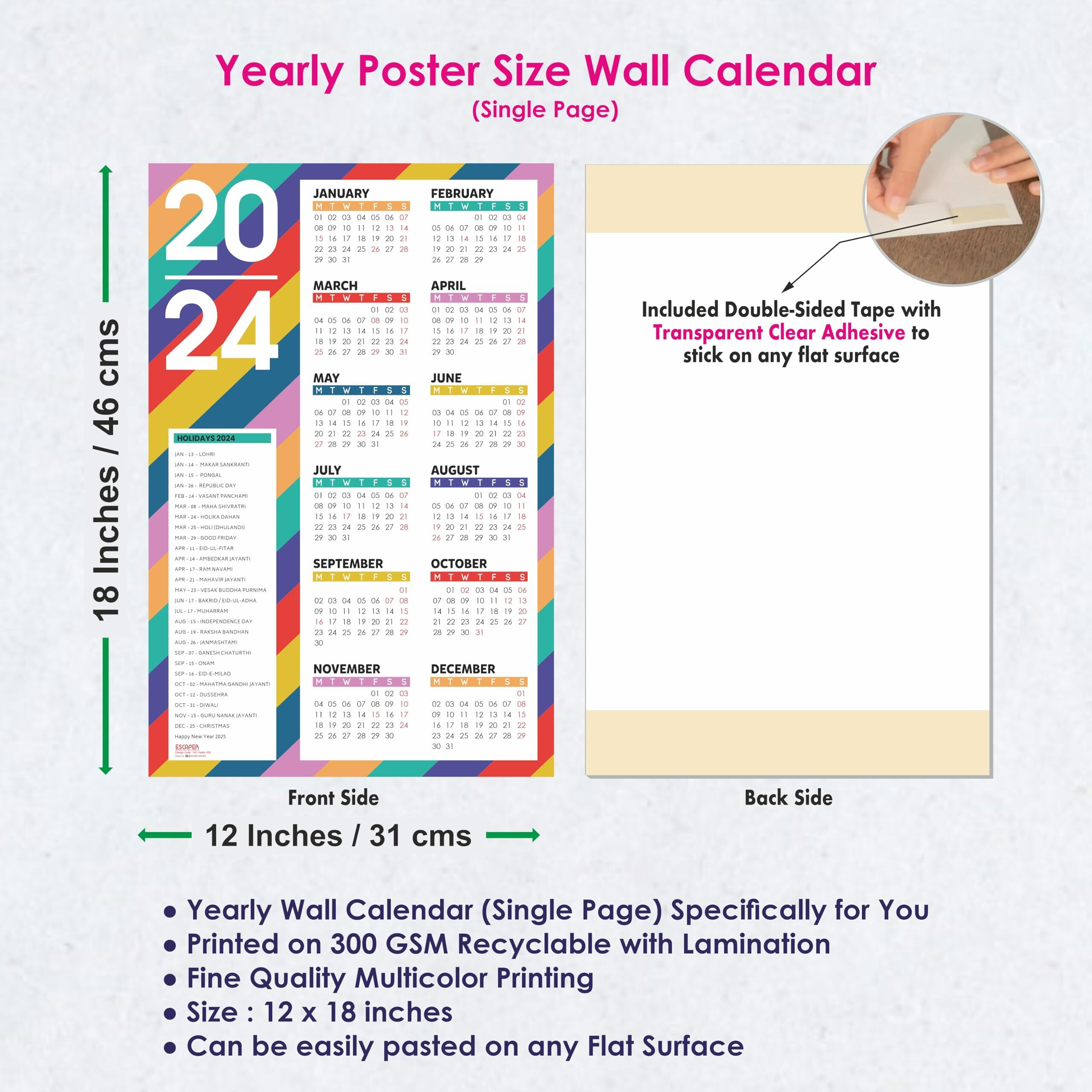 ESCAPER Stripes Theme Wall Calendar 2024 for Wall Single Page Yearly Wall Hanging Easy Application Perfect New Year Gift (12 x 18)